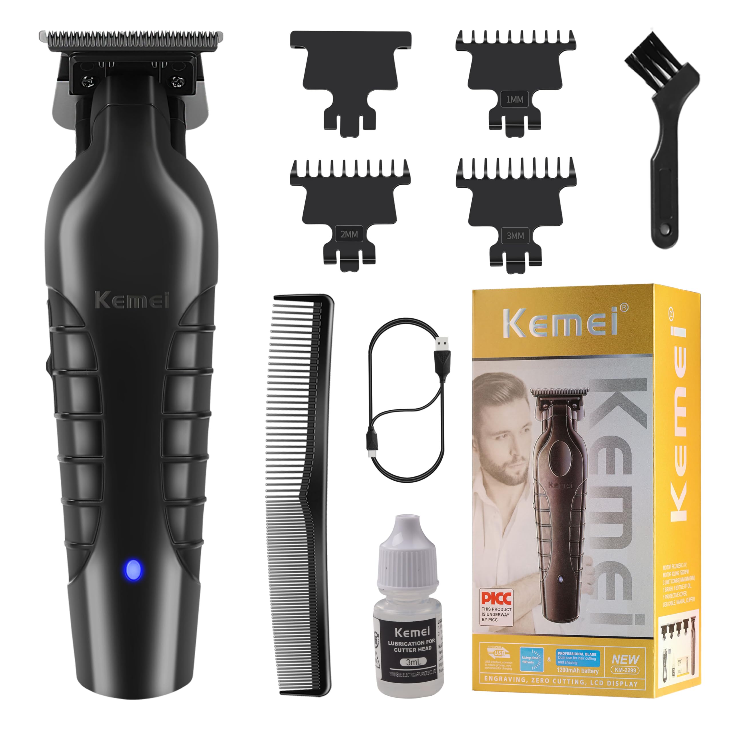 Kemei 2299 Professional Hair/Beard Trimmer for Men Zero Gapped Hair Clippers for Barber with T Blade, Cordless Rechargeable