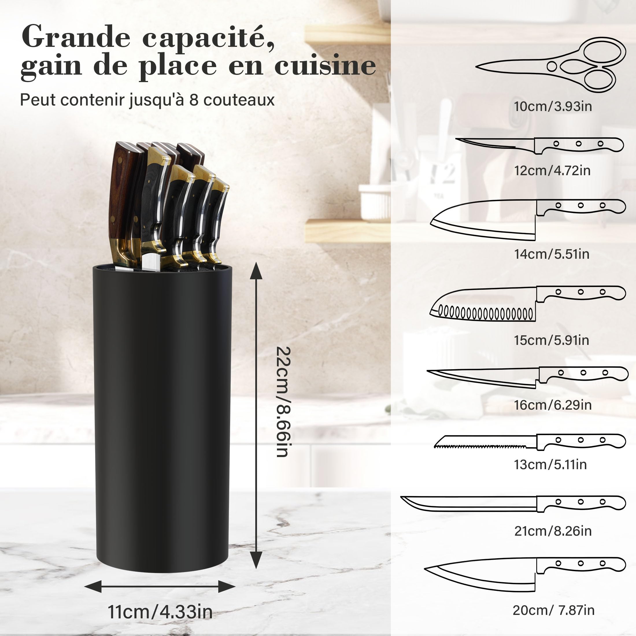 Porte Couteau, Bloc Couteaux Cuisine Vides, Universel Range Couteaux de Cuisine avec Lattes Flexibles, sans Couteaux, Noir