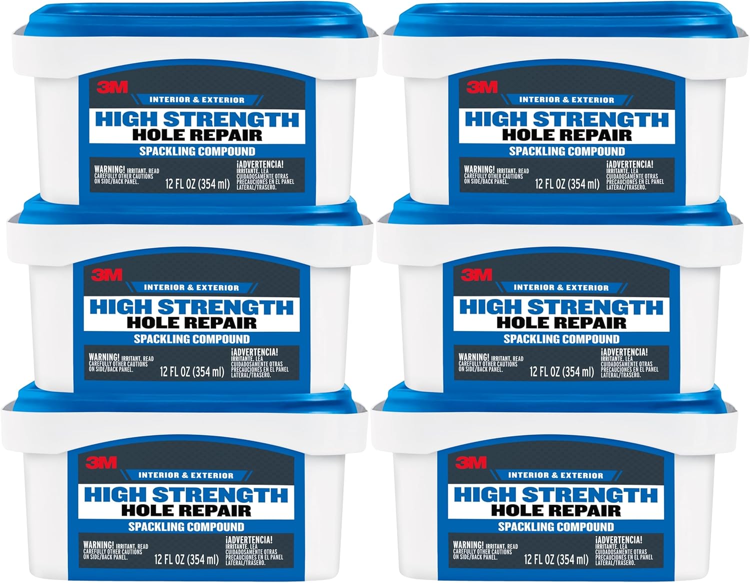 3M High Strength Color Changing Spackling Compound, 12 oz Tub, 6 Pack – Blue-to-White Drying Formula, Fast-Drying, No Shrink, Primer-Enhanced, Multi-Surface Wall Repair for Interior/Exterior Projects