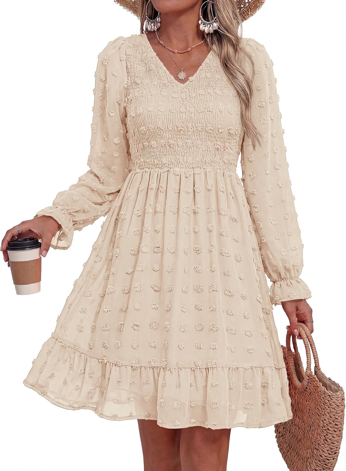 BTFBM Summer Dresses for Women 2026 Long Sleeve Casual V Neck Swiss Dot Smocked Ruffle Chiffon Flowy Mini Spring Dress