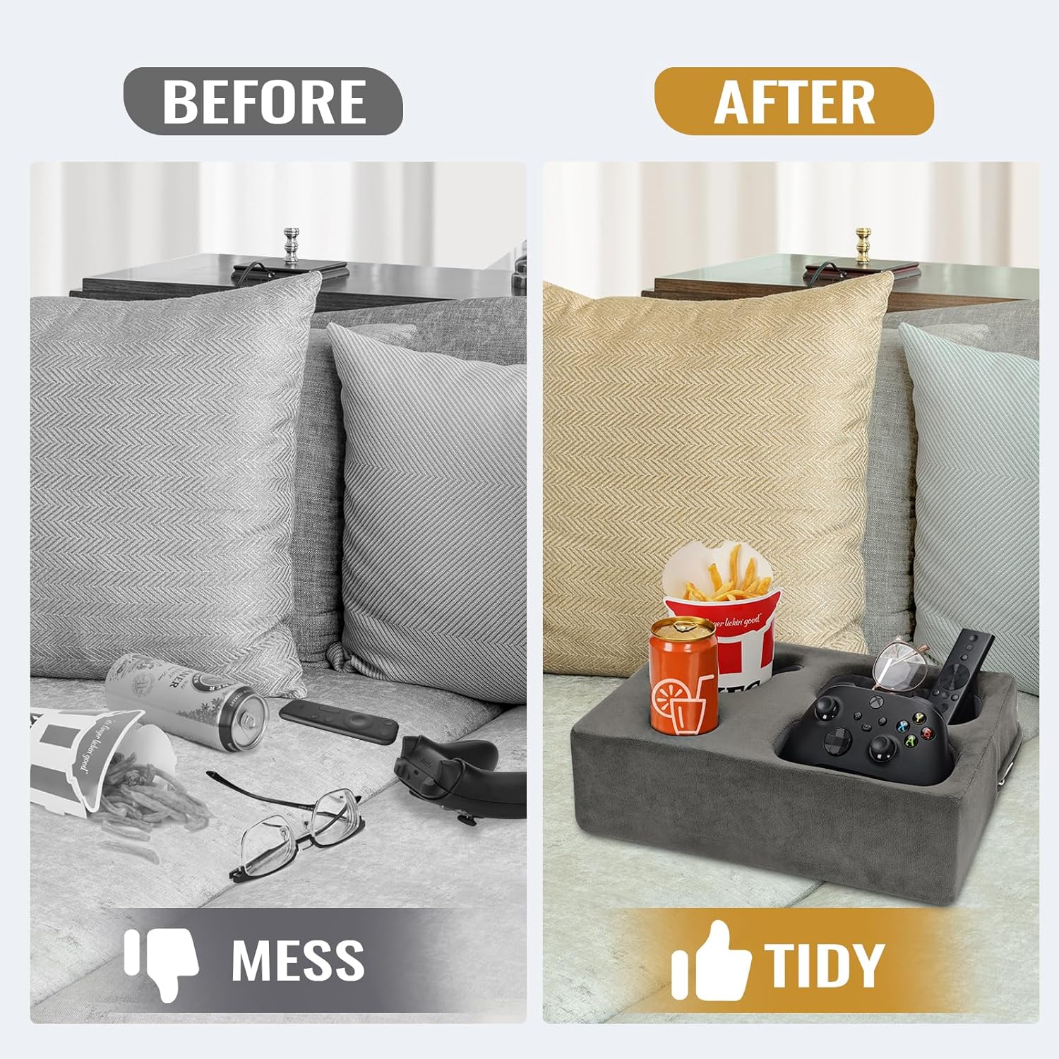 Cup Pillow Holder for Couch – Cup Glass Cozy Pillow | Bed Couch Cup Holder with SS Food Container for Pasta, Fruit, Snacks, Remote | Sofa Drink Buddy for Car, RV, Living Room, Picnic, Camping (Brown)