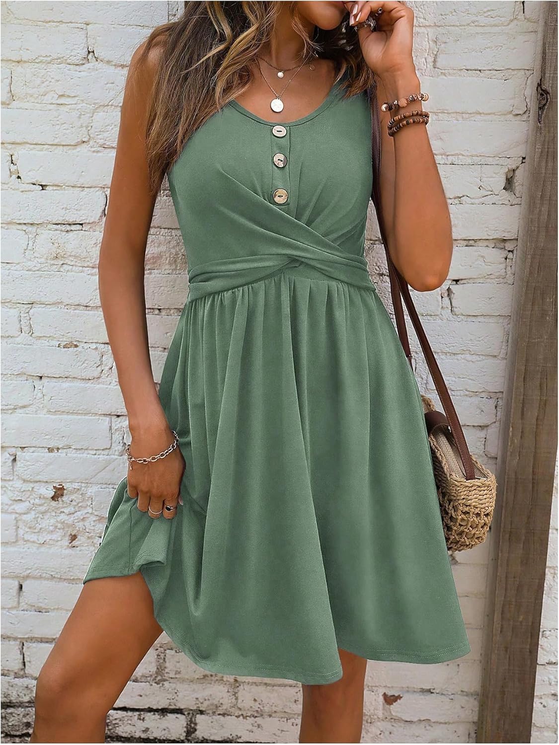 SweatyRocks Women's Twist Button Front A Line Short Dress Scoop Neck Sleeveless Flared Dresses - Image 4