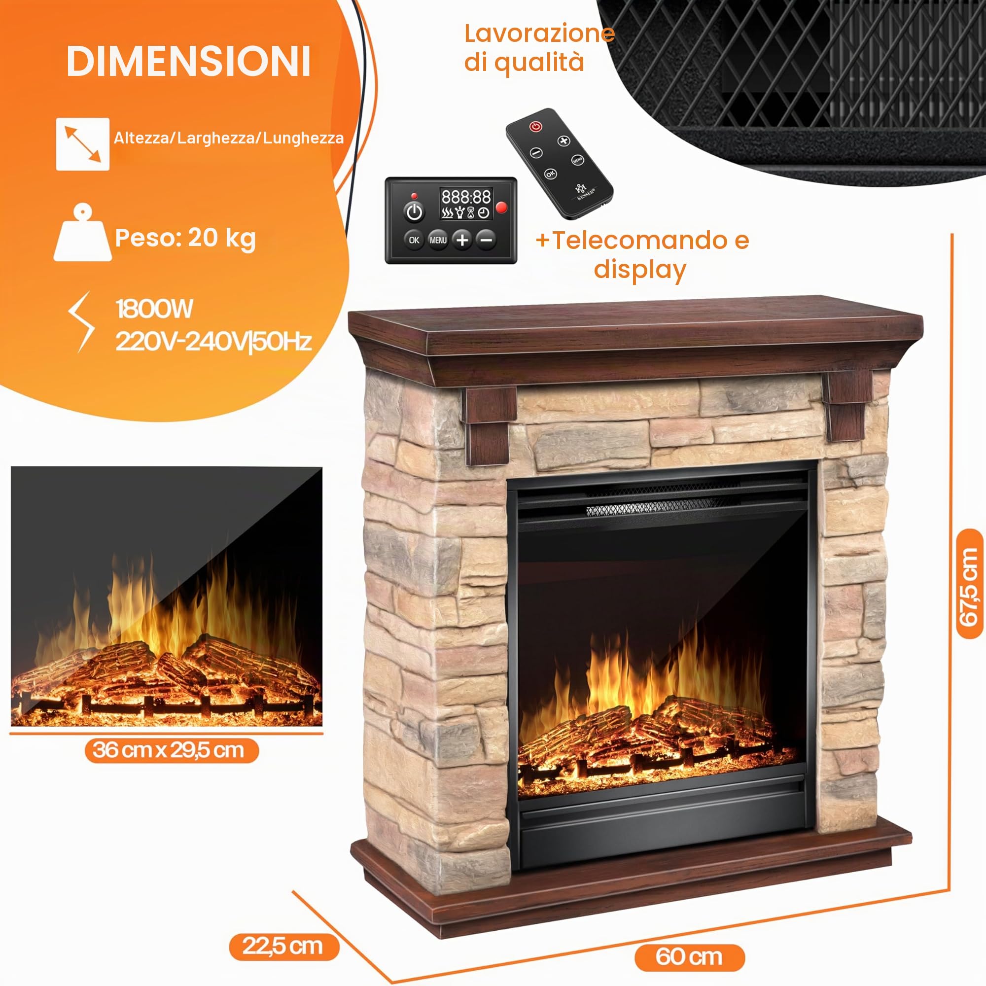 KESSER® Caminetto elettrico Casminetto da appoggio - Caminetto con effetto fiamma LED 3D, con funzione di riscaldamento, caminetto con potenza 1800W, (Natur/Braun)