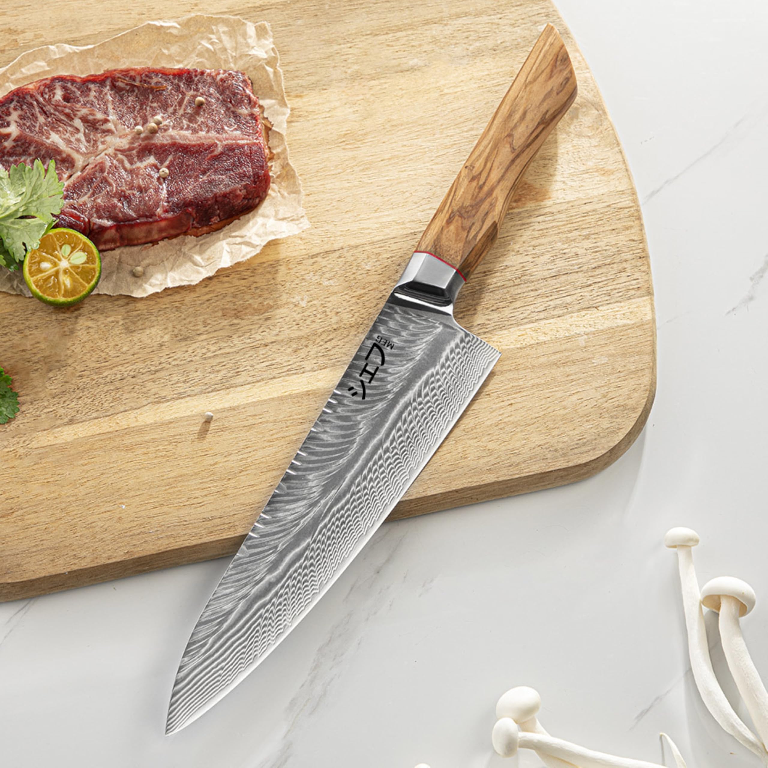 MEG Cuchillo Chef Gyuto Japones, Damasco de 73 capas con patrón pluma – Acero Alto Carbono, Filo en V Profesional, Mango de madera de olivo y Caja de Madera de Acacia – Cuchillo de Cocina Premium