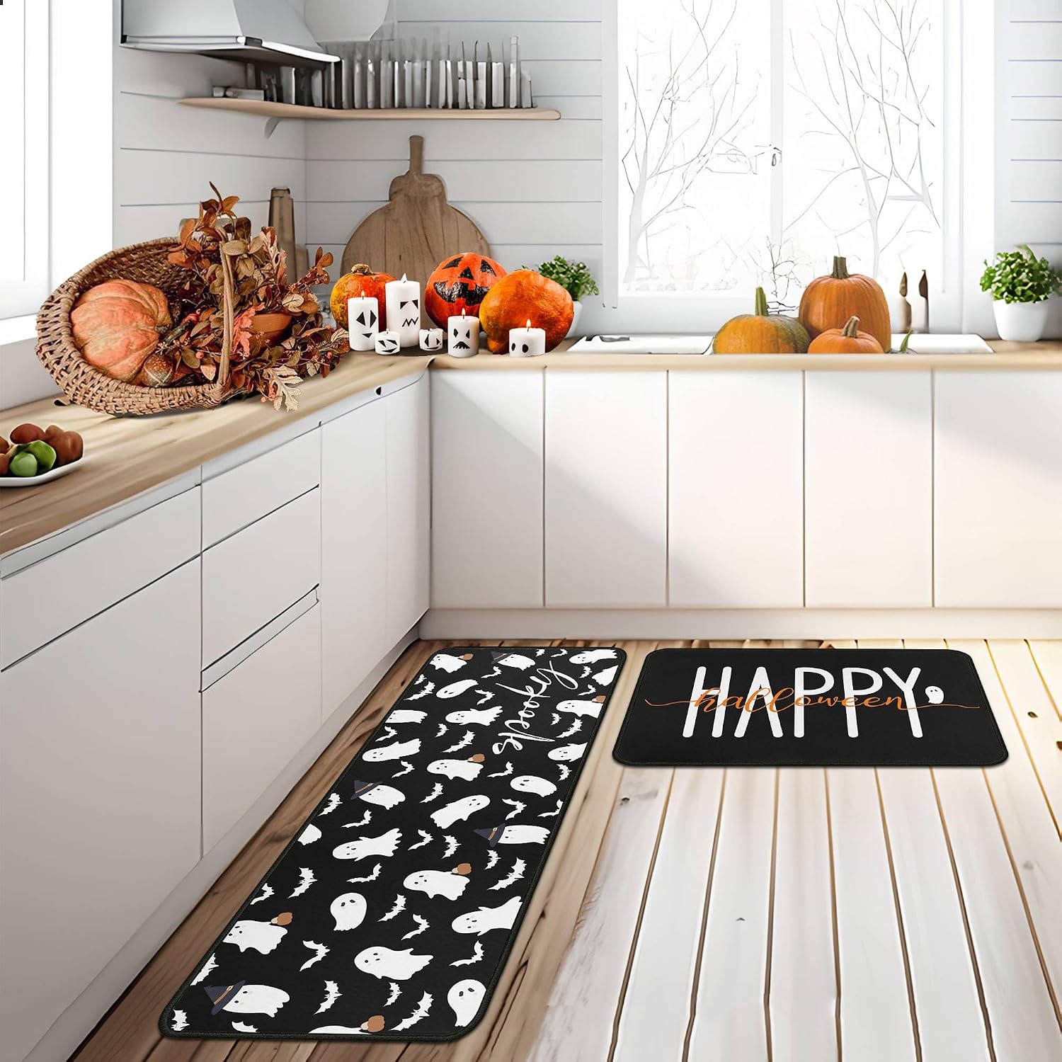 Happy Halloween Kitchen Mats for Floor, Halloween Decorations Non Slip Backing Halloween Kitchen Rug Low-Profile Mat Halloween Decor for Home Party 17"X47"+17"X30"