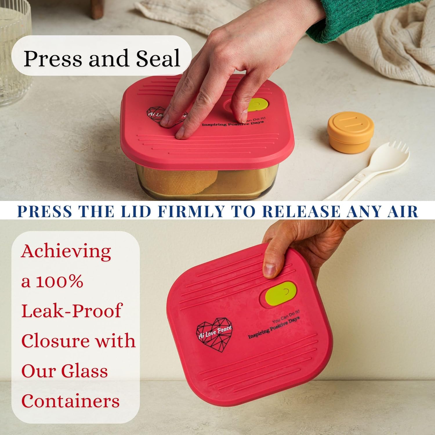 Ai Love Peace Soup Container with Dual Lids,26 oz Borosilicate Glass Lunch Box | Leakproof Lid+ Microwave &Safe Freezer Lid, Stackable,Glass Meal Prep Food Storage,Perfect for Work & Soup Lovers Gift.