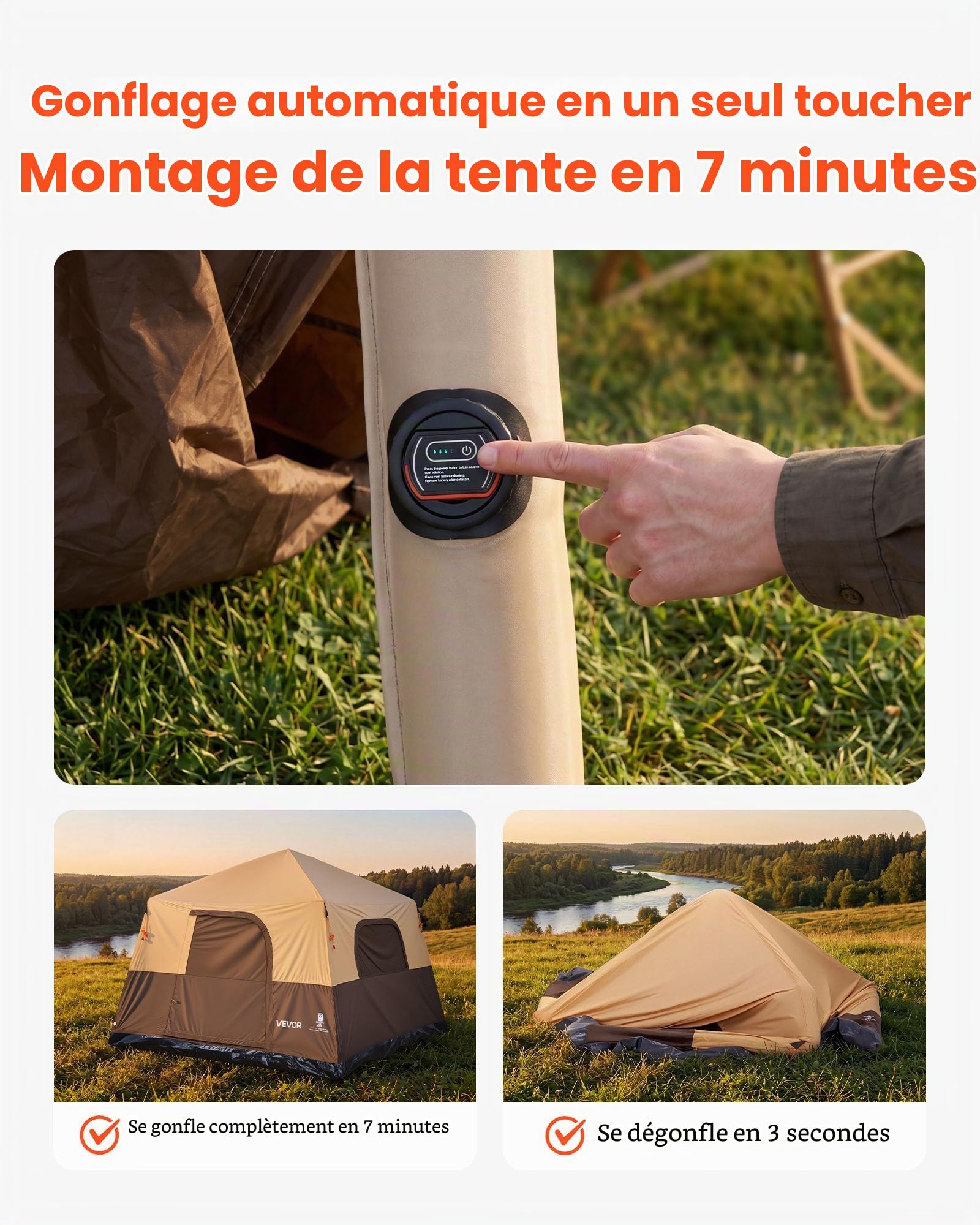 VEVOR Tente Gonflable 6 Personnes Pompe Rechargeable Tente de Camping Beige, pour Randonnée et Pique-niques en Famille, avec Tubes d'Air en TPU, 4 Grandes Fenêtres en Maille, Sac de Transport Portable