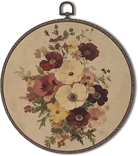 XNXLDYLH Vintage Beige Floral Round Framed Wall Art Decor, Retro Cottage Core Flower Hanging Wall Decor Decorations, Neutral Botanical Wildflower Canvas Prints Wall Art Pictures Paintings, 10x10 Inch