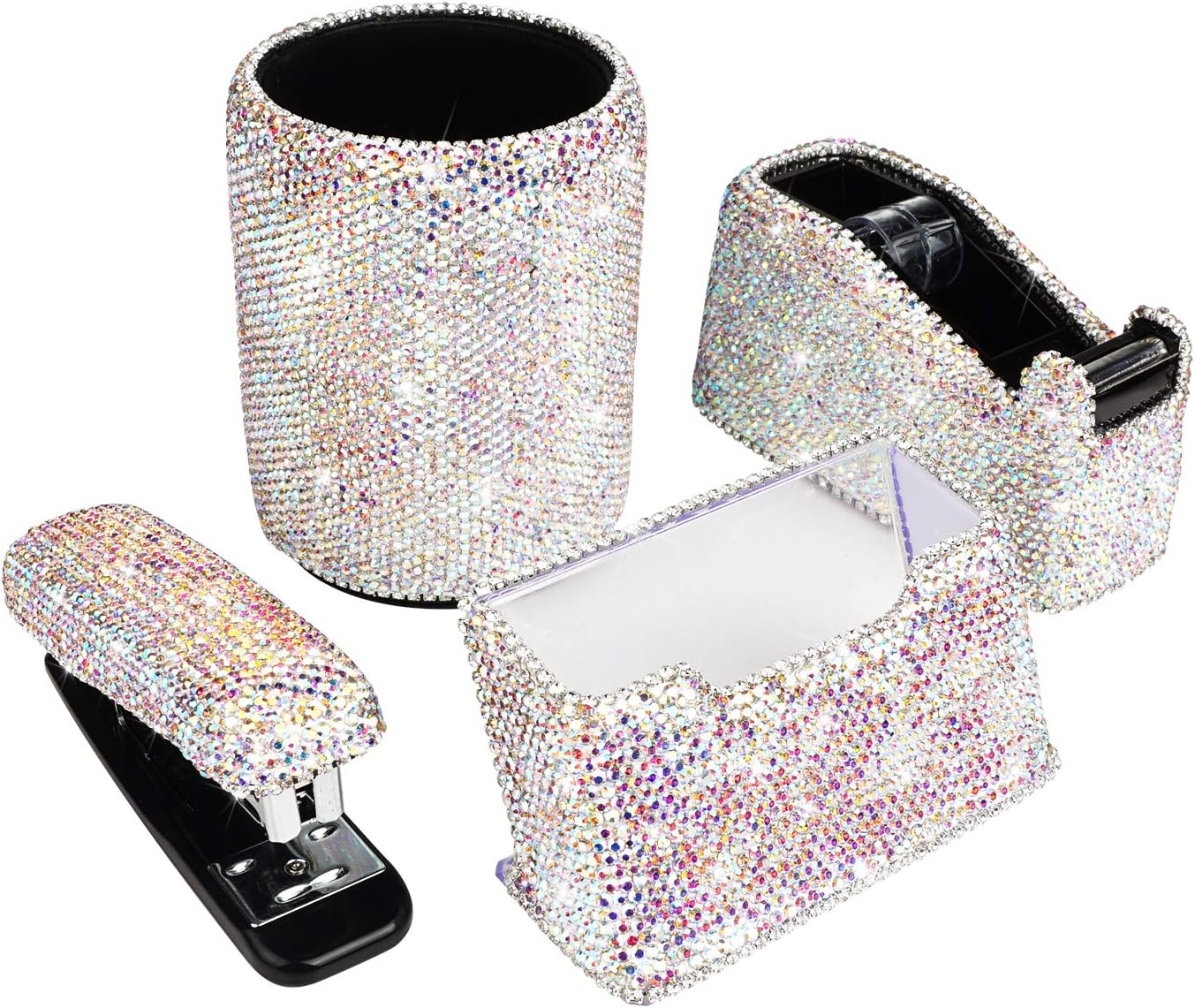 Bling Crystal Luxury Handmade Diamond Round Pencil Pen Pot Holder & Stapler & Card Holder & Desktop Tape Dispenser Office Stationery Kit for Fashion Girls Women(AB Color)