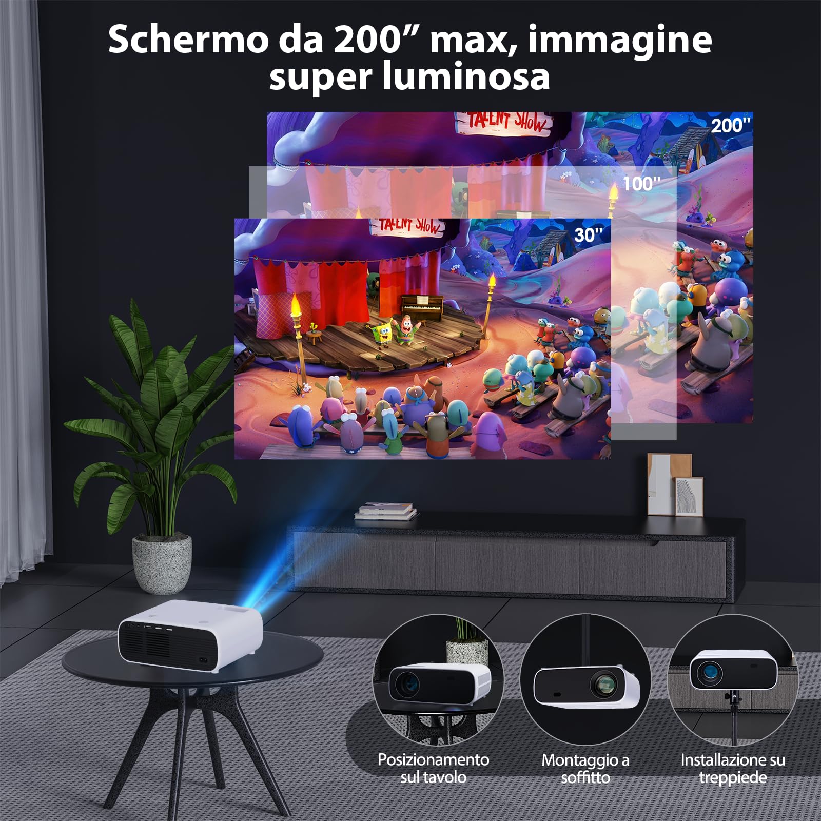 Mini proiettore con Bluetooth e WiFi, proiettore portatile da 18000 lumen, proiettore Home Theatre da 200 pollici, compatibile con iOS/Android/Laptop/HDMI/USB/X-Box
