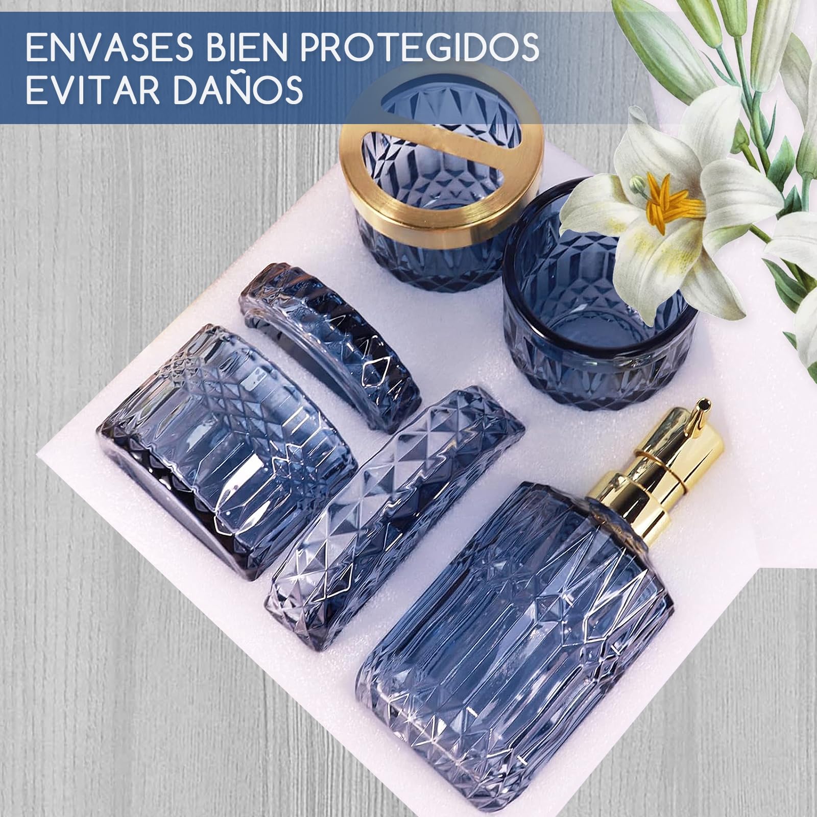 Juego de accesorios de baño azules, juego de 5 accesorios de baño de vidrio con dispensador de jabón de loción, jabonera, soporte para cepillo de dientes, vaso de baño, tarros de hisopo de algodón,
