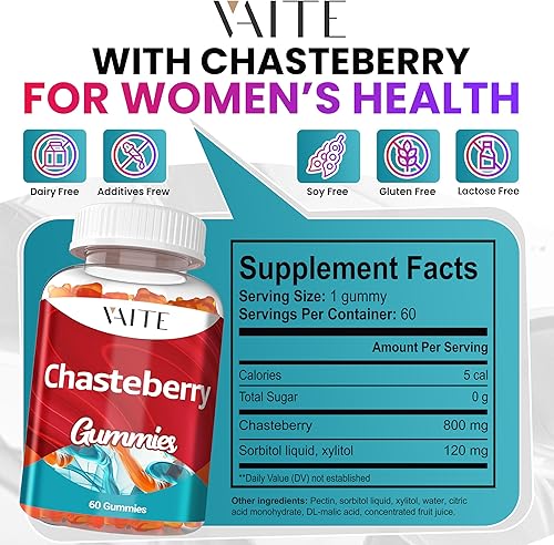 Miniatura 3 de Chasteberry Suplemento para mujer, gomitas Suplementos masticables veganos para equilibrar el apoyo hormonal para mujer, masticables a base de
