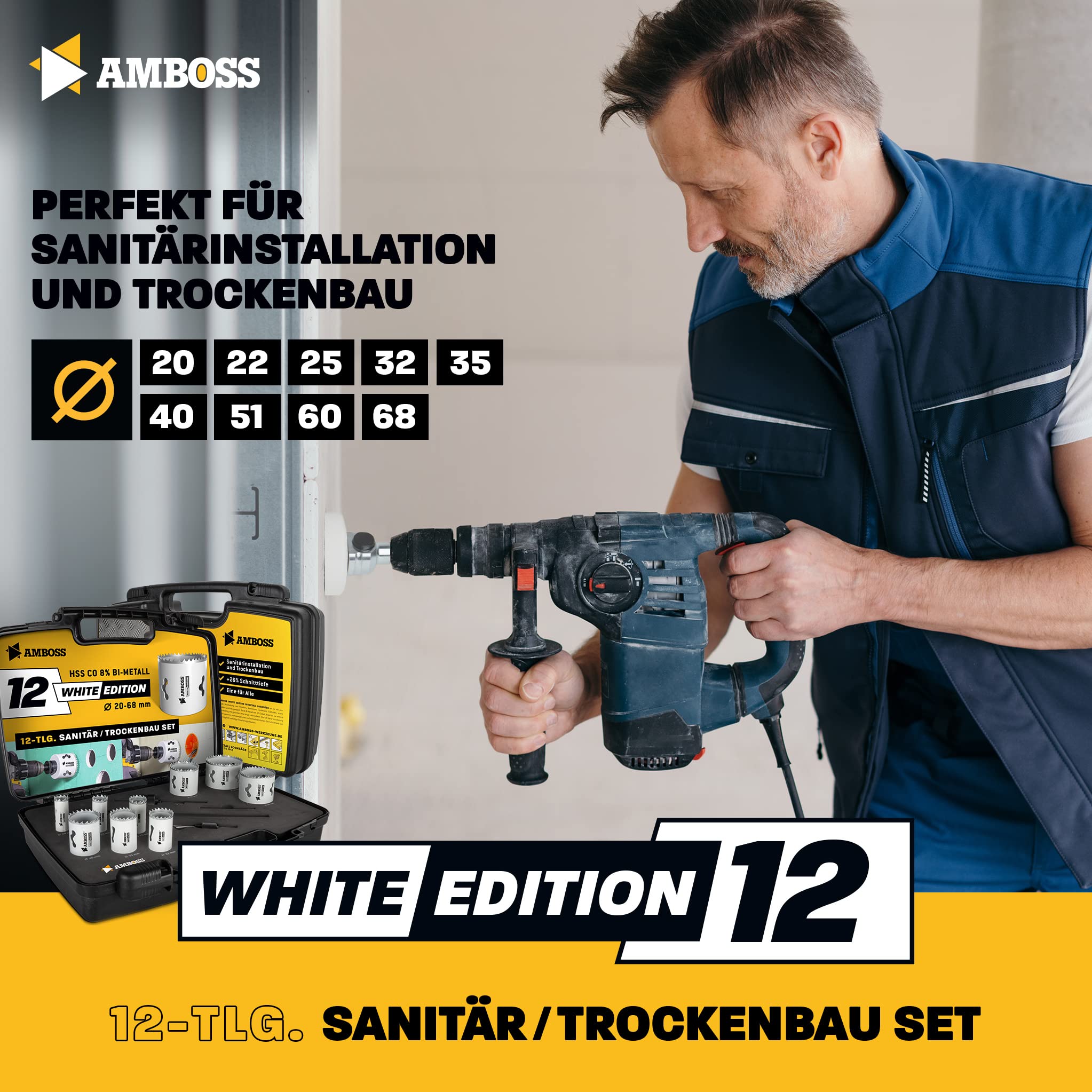 Amboss M 42 - Set di seghe a tazza bimetalliche, diametro 20-68 mm, 12 pezzi, per alluminio, acciaio, cartongesso, legno, ecc. White Edition 12