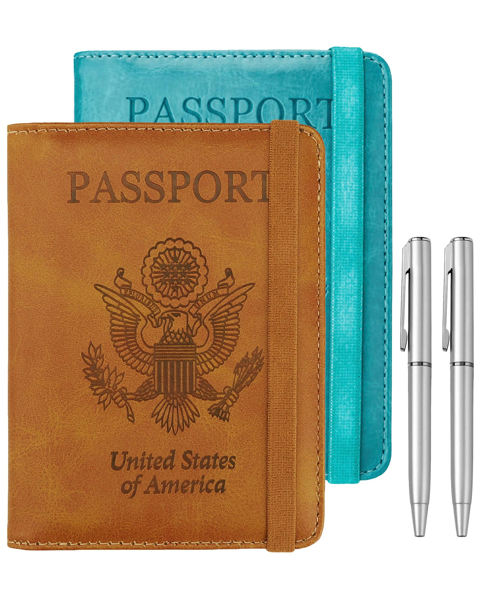 Passport Holder for Travel, RFID Passport Cover Wallet for Women Men, PU Leather Passport Book Card Holder Case with Pen, Travelling Essentials for Flying, AA-Brown+Blue, Elastic Band Closure-image-12
