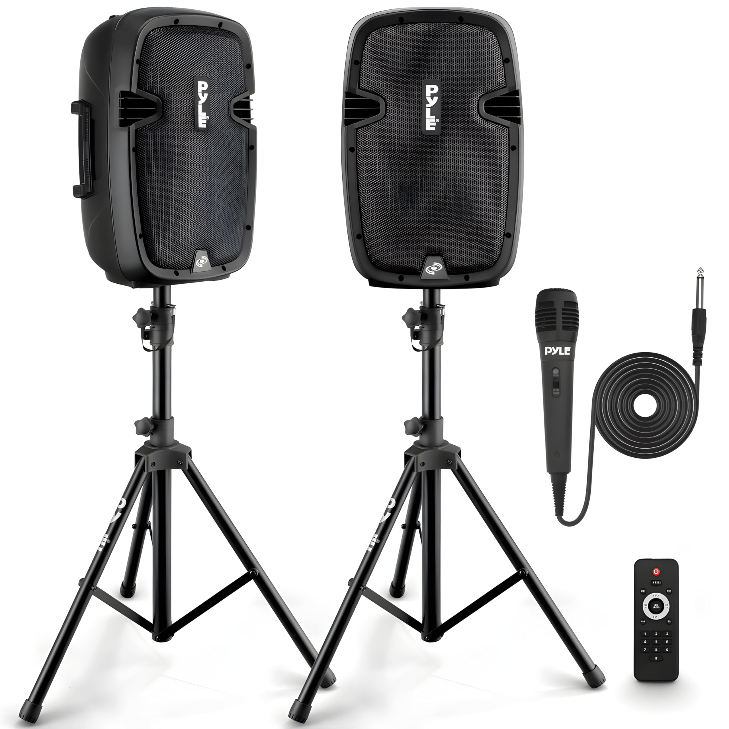Powered PA Speaker System Active &amp; Passive Bluetooth Loudspeakers Kit with 8 Inch Speakers, Wired Microphone, MP3/USB/SD/AUX Readers, Speaker Stands- PYLE PPHP849KT.5,Black