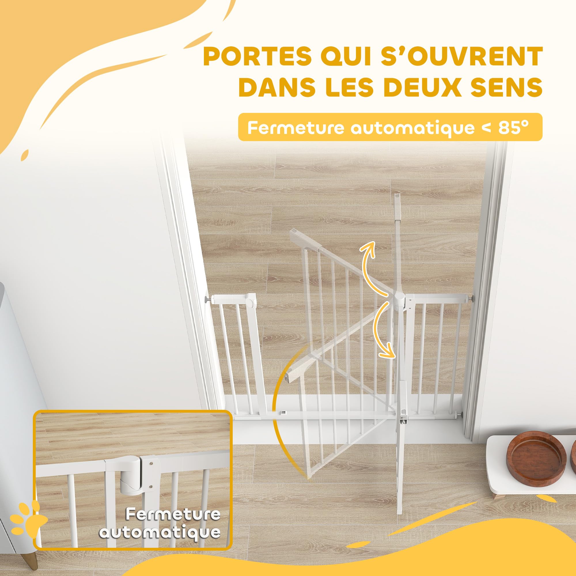 PawHut Barrière de sécurité bébé Enfant en Acier - 76-102 cm barrière d'escalier avec Extensions, sans perçage - Fixation par Pression, Fermeture Auto et Ouverture d'une Main - Blanc