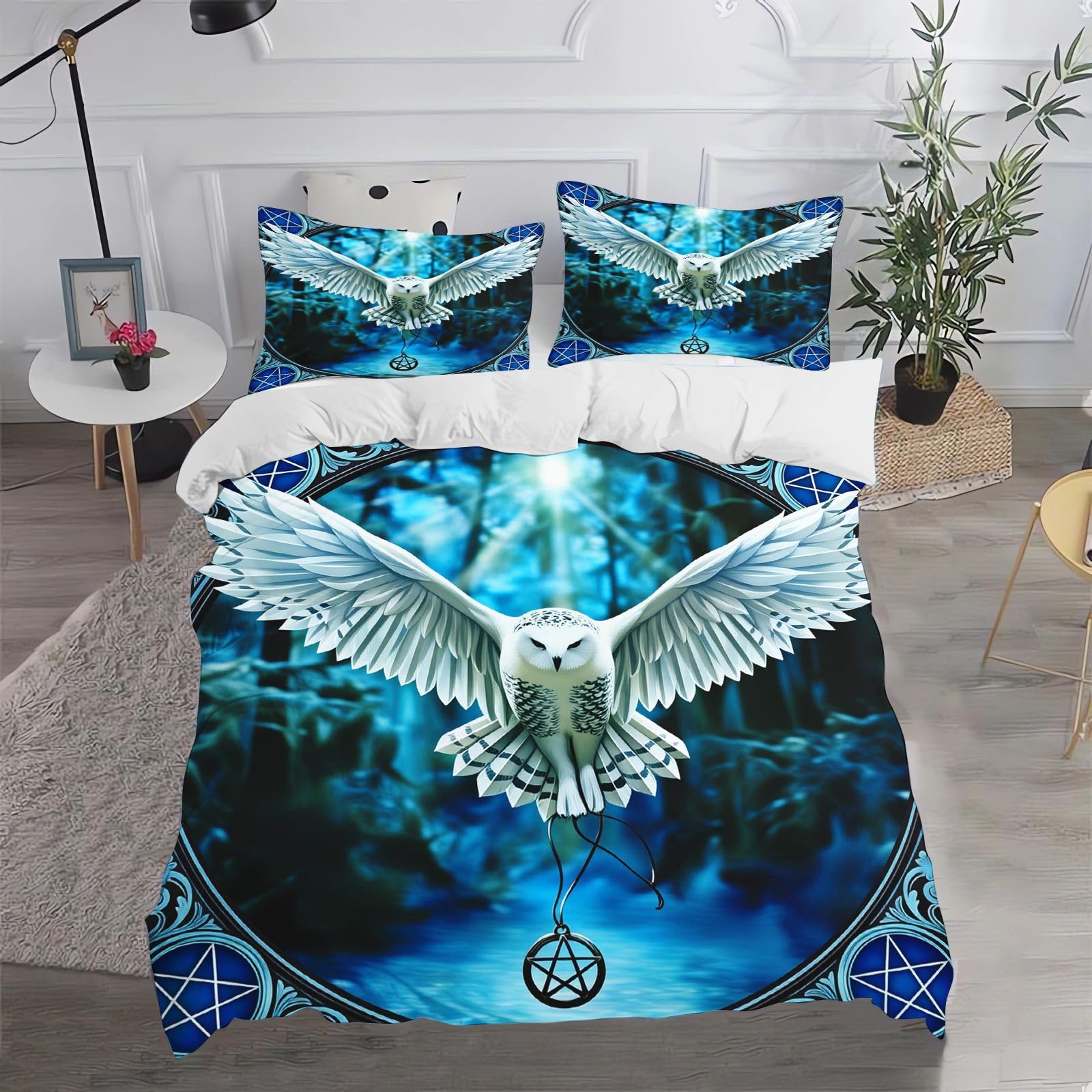 Fgolphd White Owl Mystical Duvet Cover Set, Soft Microfiber Super King-260x220cm Bedding with Zipper, All Seasons Bedroom Decor