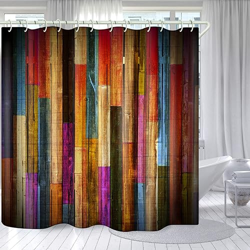 Miniatura 3 de WODEJIA Juego de cortinas de ducha impermeables para accesorios de baño, con pintura roja a rayas, tablero de madera impreso, hermosa tela ancha de