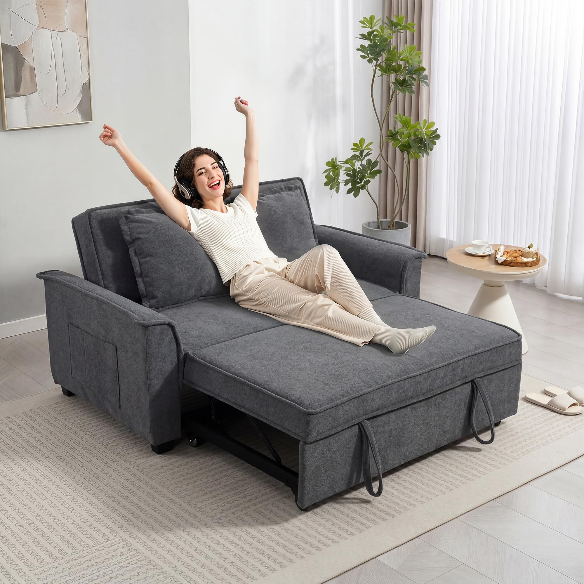 HOMCOM Divano Letto 2 Posti 3 in 1 in Ciniglia con 2 Cuscini, Divano Letto Matrimoniale Estraibile Reclinabile 3 Livelli con Braccioli, Seduta Imbottita, Legno Eucalipto, per Soggiorno, Grigio Scuro