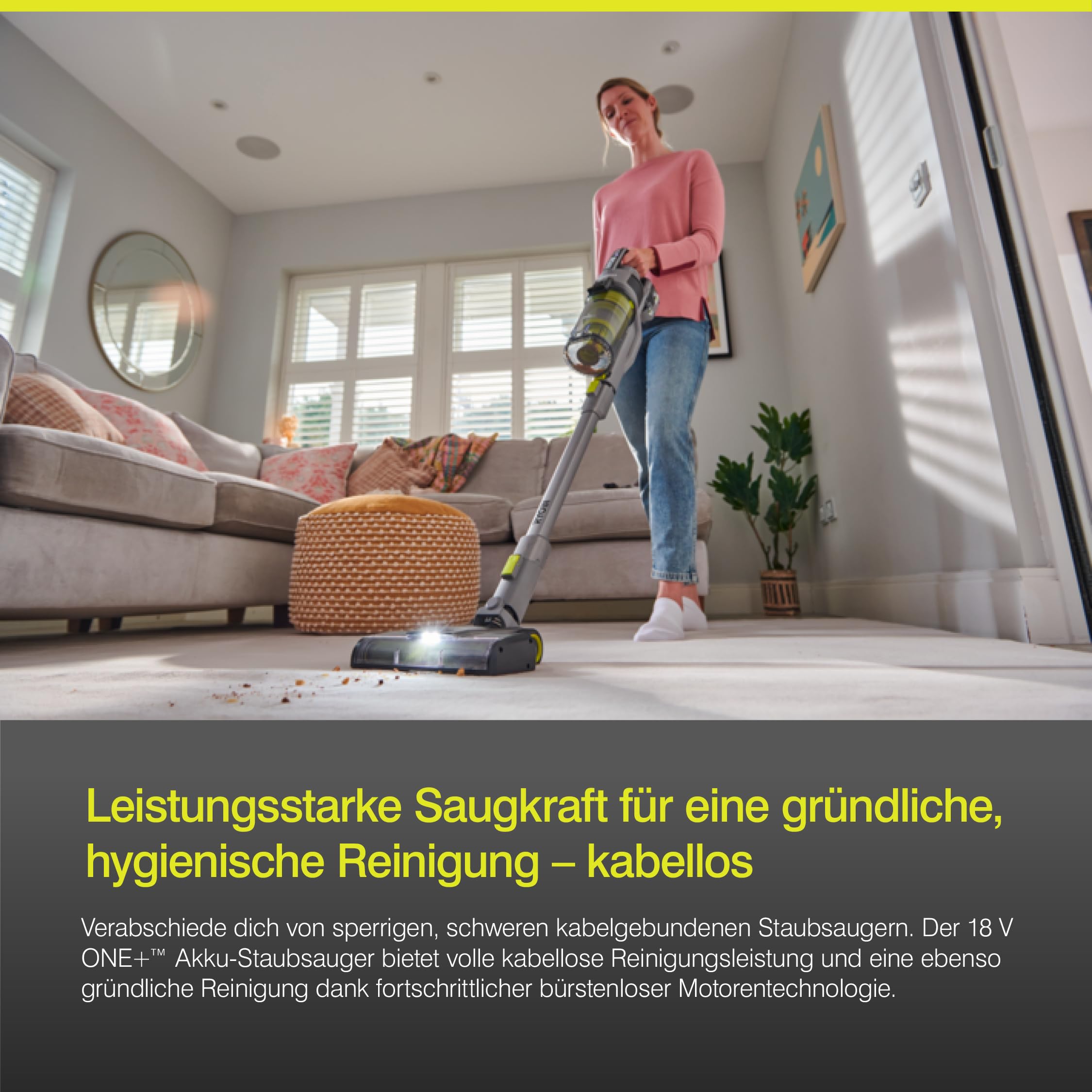 RYOBI 18 V ONE+ Brushless Akku-Staubsauger RSVS18BL-0, 90 AW Saugleistung, Dual-Zyklon-Filtration, HEPA-Filter, LED-Kopfbeleuchtung, ohne Akku und Ladegerät, Anthrazit