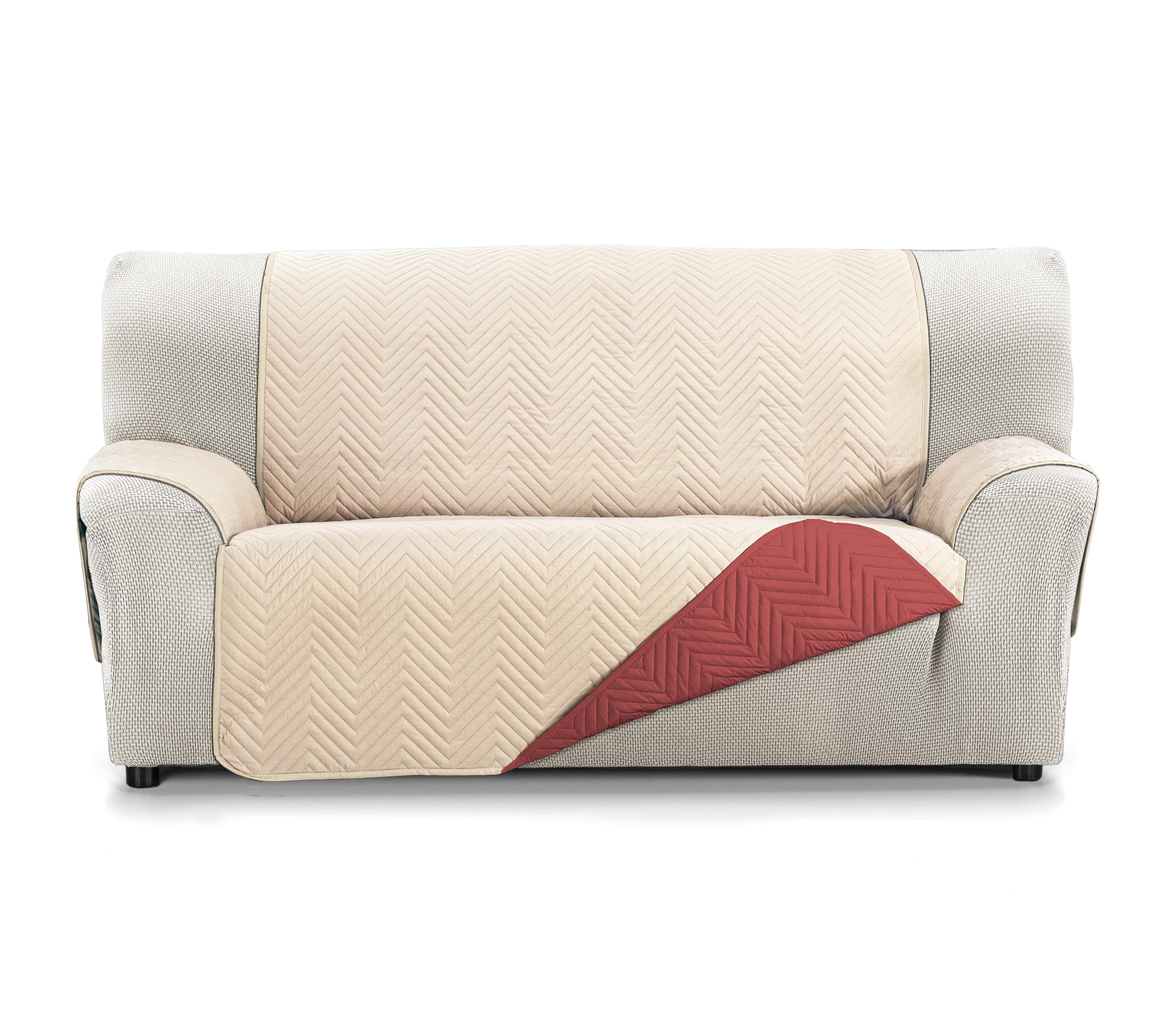 S & T Funda Sofá 2 Plazas Rojo/Beige - Cubre Sofa Acolchado Reversible Mont - Protector Sofá Antiacaros - 100% Poliester Fabricado en España