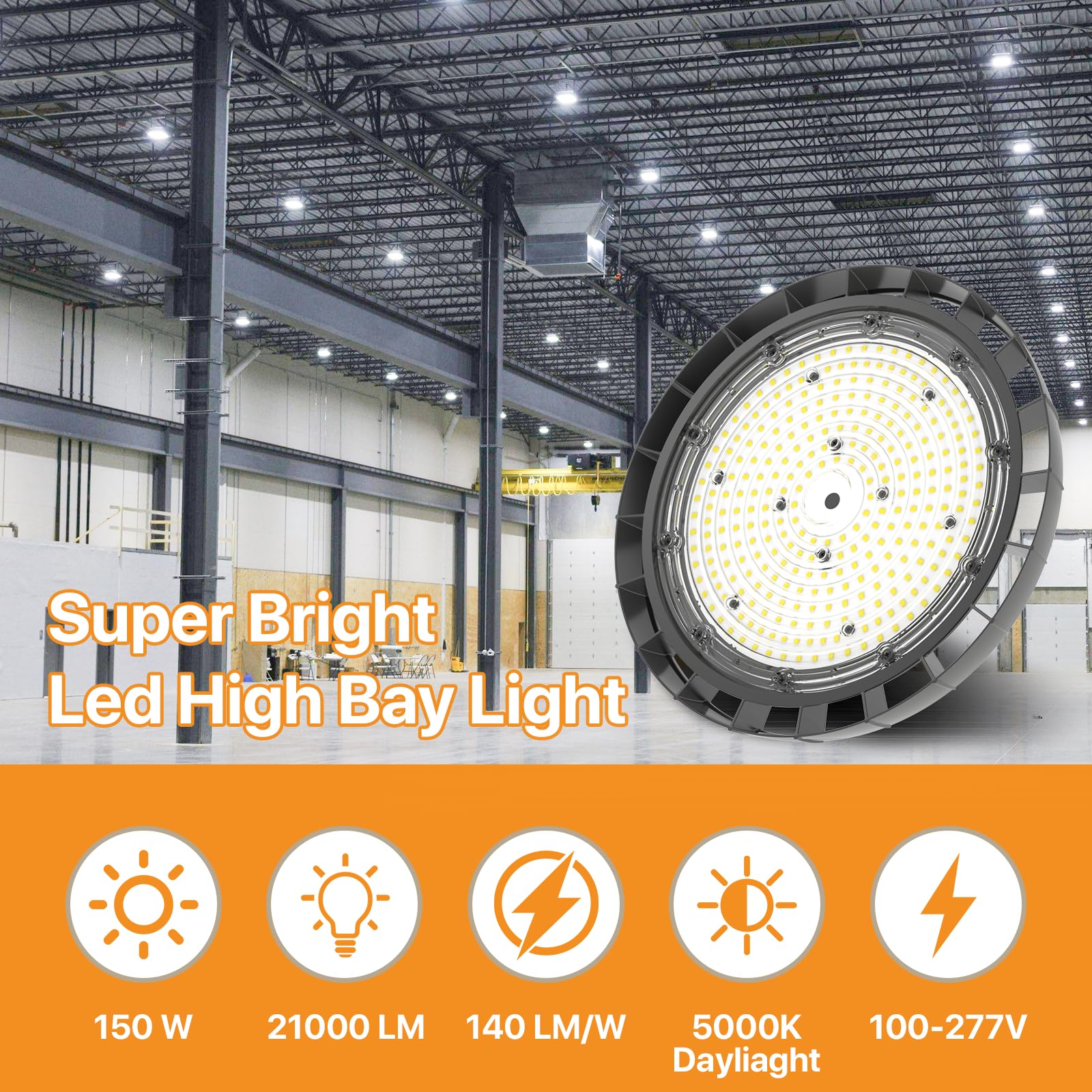 UFO LED High Bay Light 150W 5000K Led Shop Lights 21000LM IP65 AC100-277V with US Plug 5 Cable — view 2