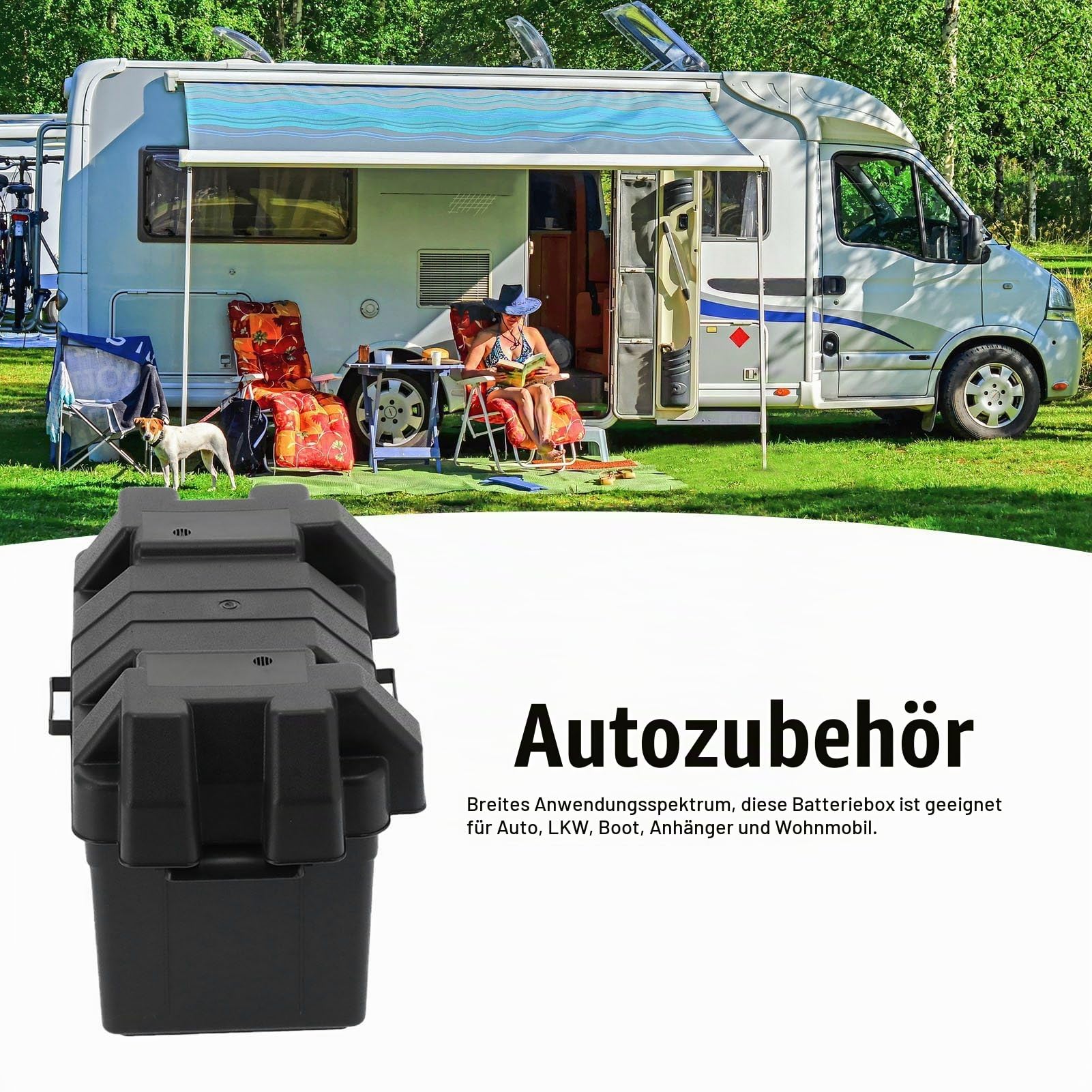 Universeller Marine Batteriekasten, Großer Schwarzer ABS-Kunststoff Batteriekasten mit Riemen, Batterie-Aufbewahrungsbox für Auto, LKW, Bootsanhänger, Wohnmobil, 37 x 20 x 20.5 CM
