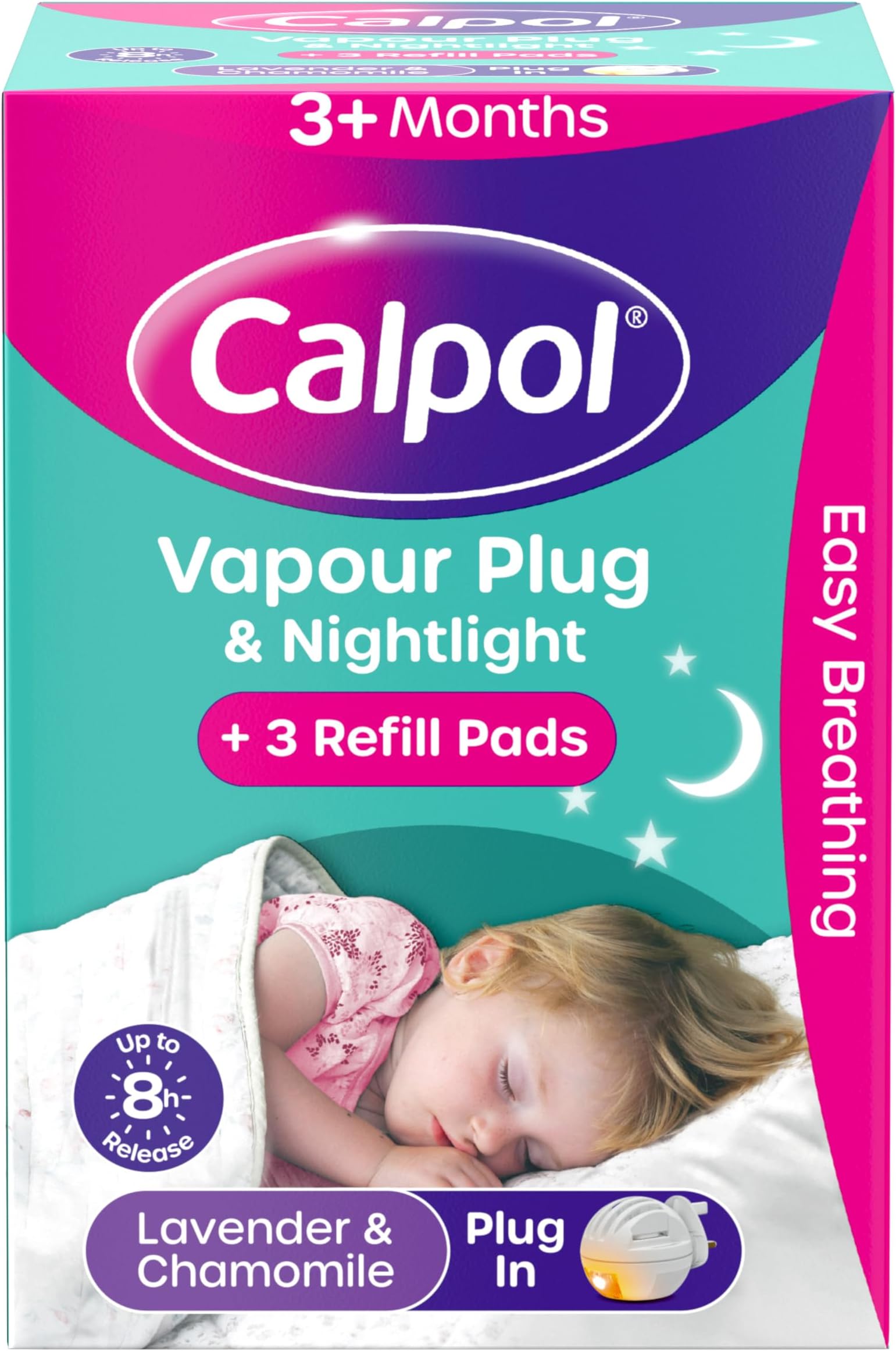 Vapour Plug and Nightlight for 3+ Months Infants (1 Plug & 3 Refills), Soothing Calpol Lavender & Chamomile Vapour with Soft Orange Nightlight for Easy Breathing for up to 8 Hours