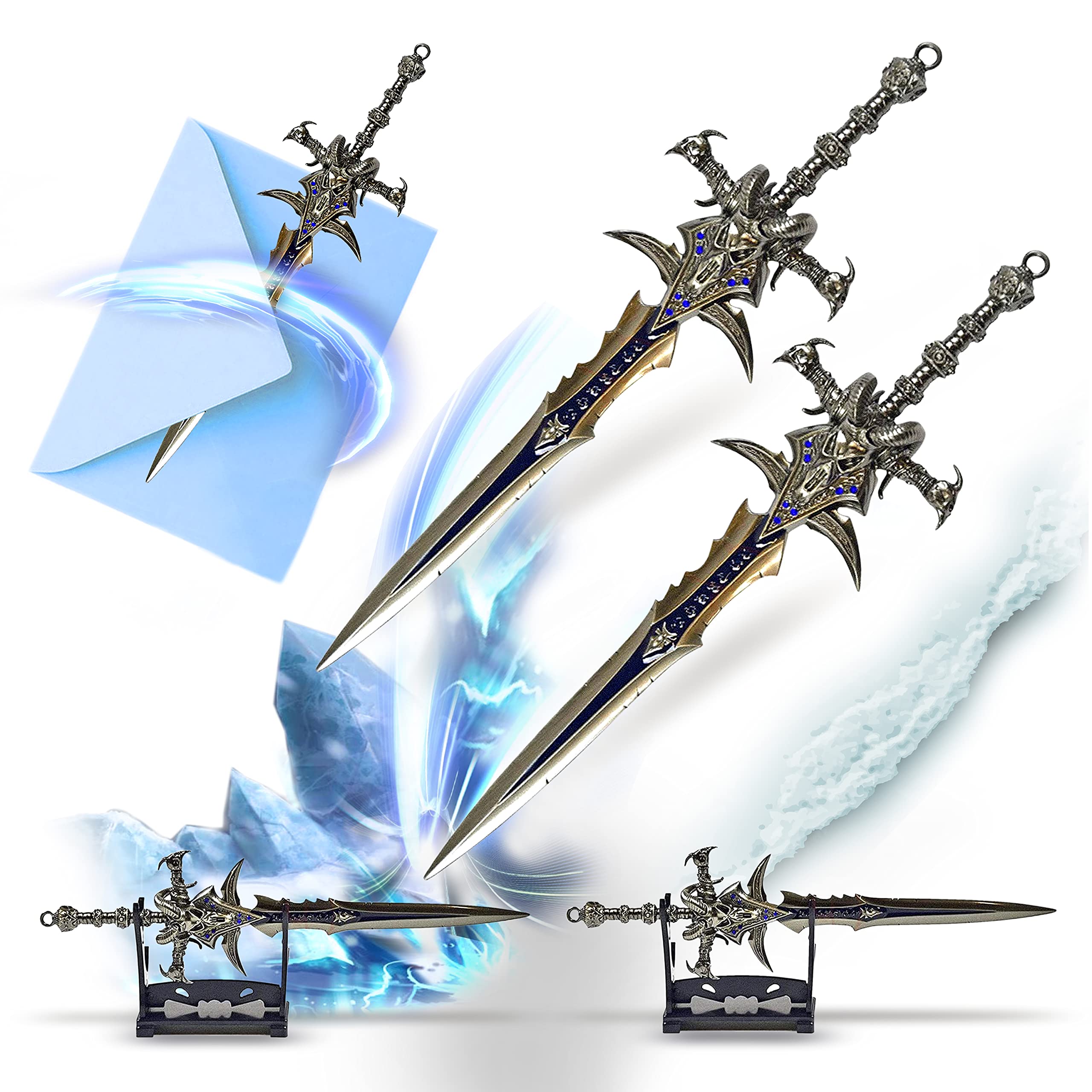 Swords and more. Two World of Warcraft Frostmourne Letter Opener in Shape of Sword with Base, 22.5 cm, Home, Office Accessory, Gift and Merchandise for Fans and Collectors