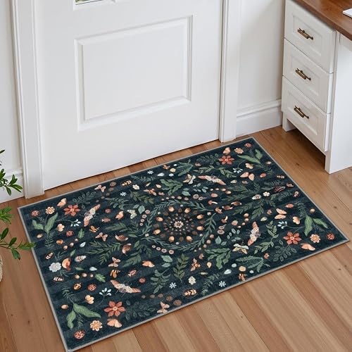 Lahome Washable Insect Botanical 2x3 Area Rugs for Entryway - Machine Washable Non-Slip Kitchen Rugs, Black Boho Low Profile Soft Faux Wool Indoor Door Mat for Bathroom,Bedroom, Hallway