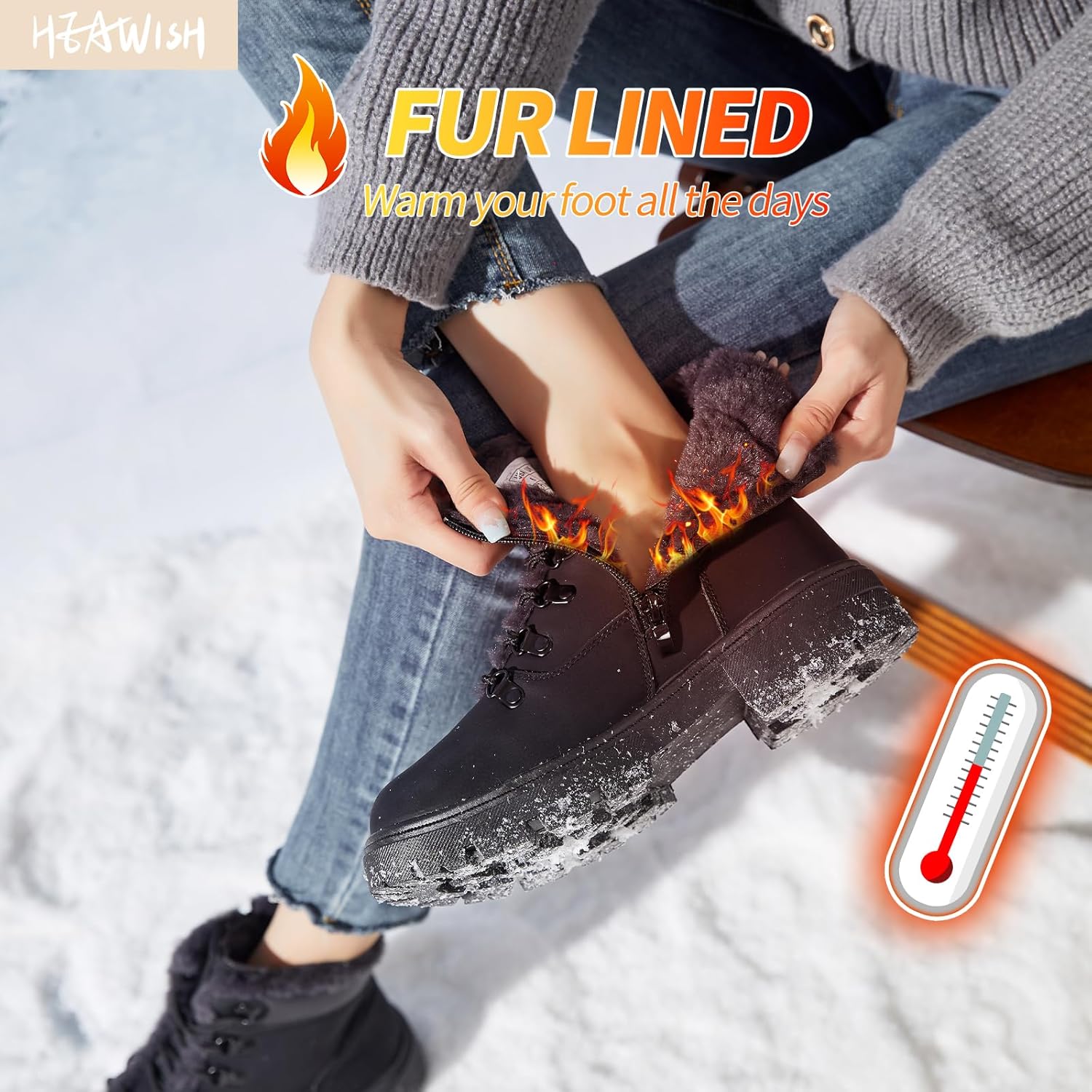 Women Winter Snow Boots with Fur Lined,Black Low heels Combat Ankle Boots,Non Slip Leather Ankle Boots for Women