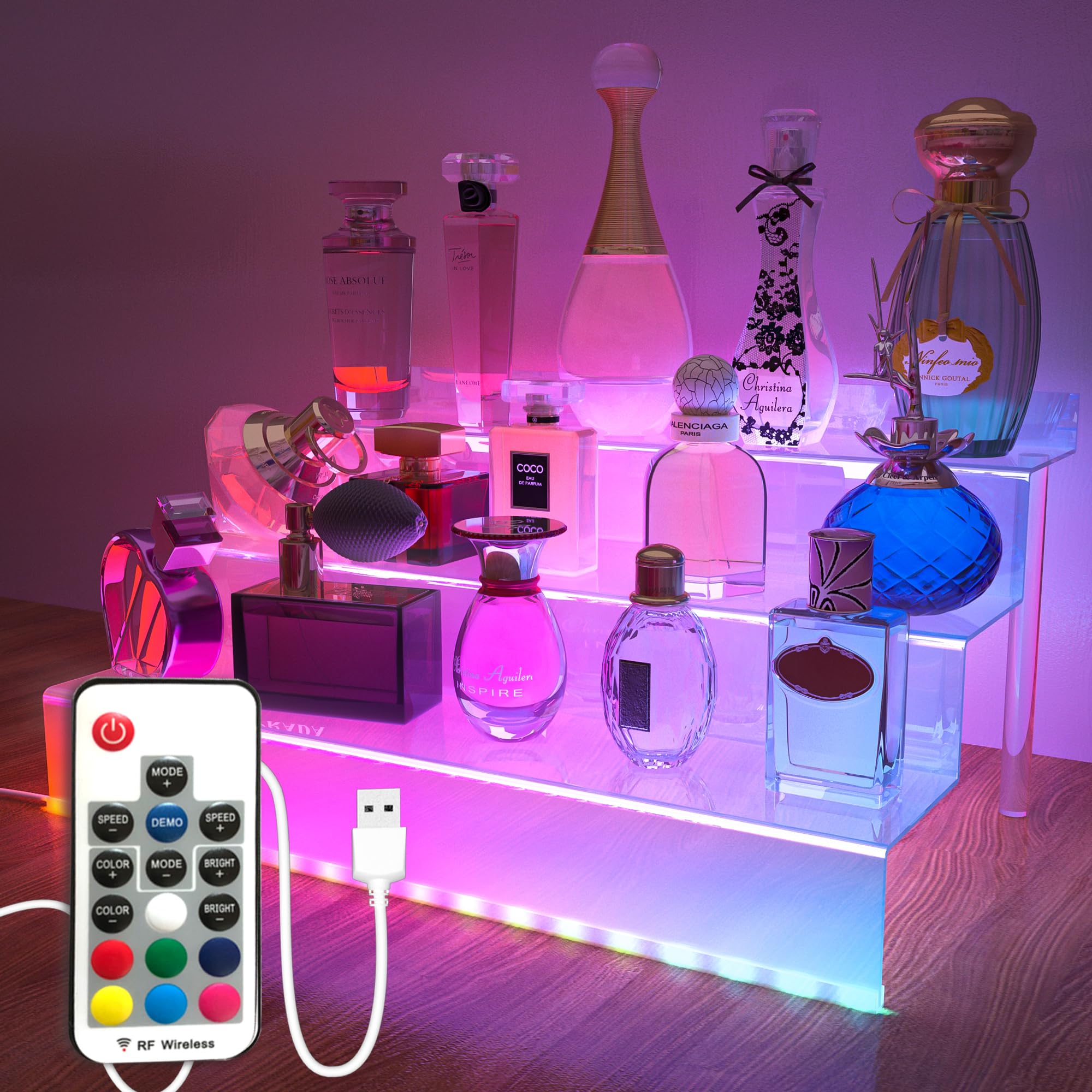 Care&More YJ 12 IN Clear Acrylic Perfume Organizer with LED, Nail Polish Rack Cologne Holder?3 Tier Display Riser Shelf ,Toys, Clear Cupcake Riser, Dessert Shelf