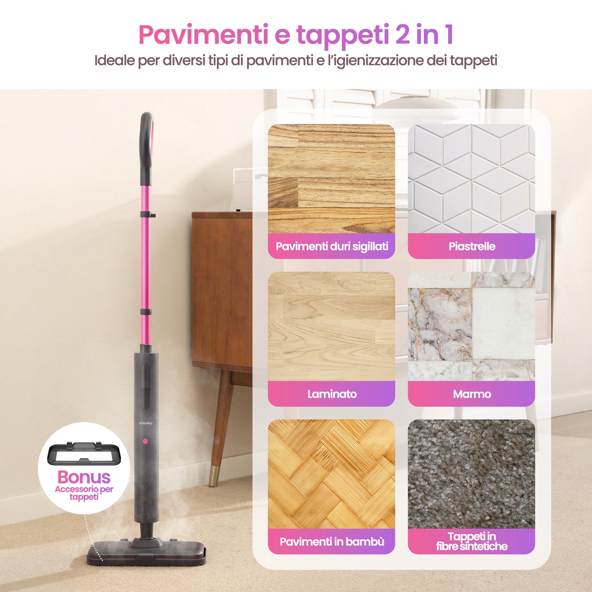 Schenley scopa a vapore – pronta in 10 s, pulizia senza chimici per pavimenti duri, piastrelle e laminato, panni lavabili, 3 livelli vapore per tappeti, autoportante