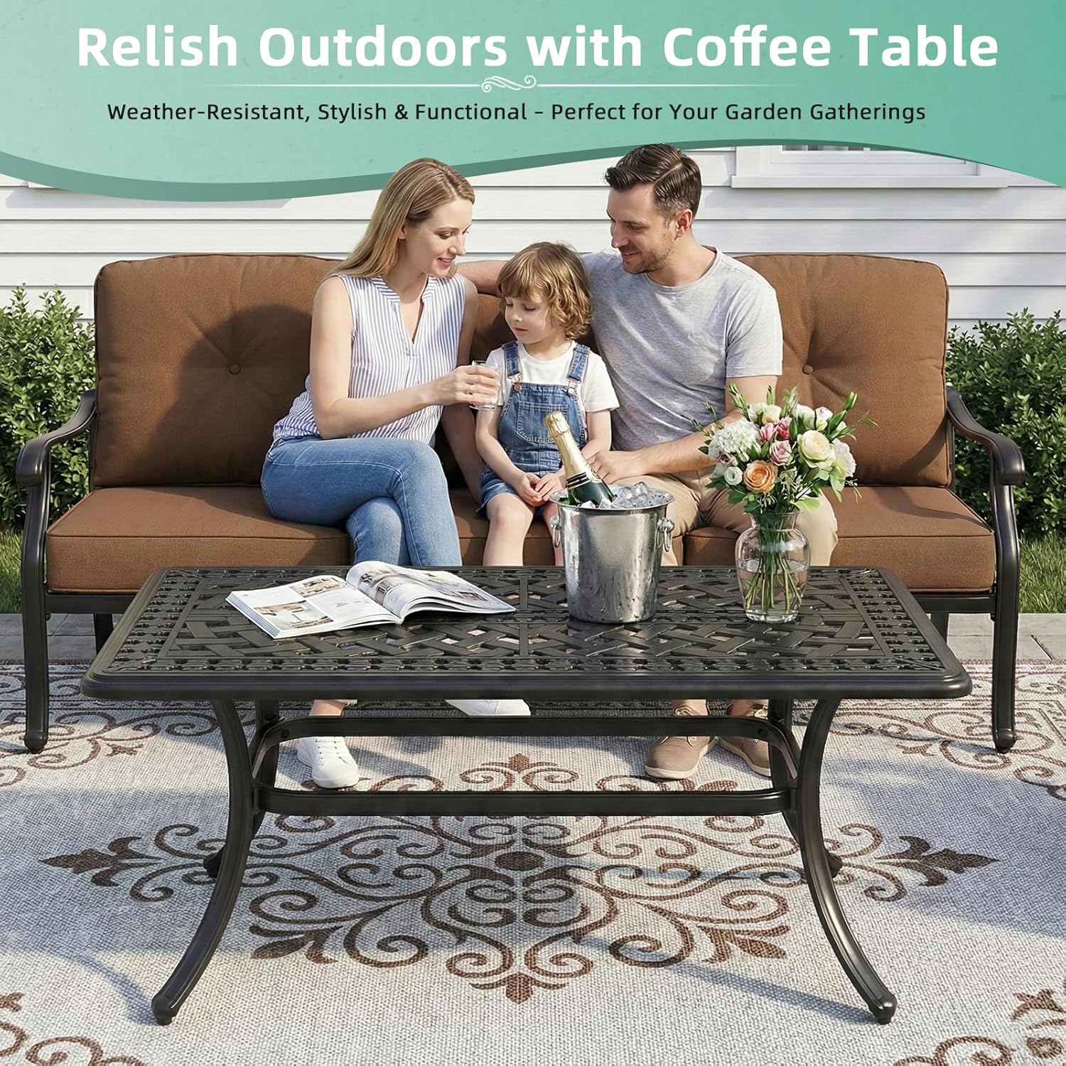 VIVIJASON Cast Aluminum Outdoor Coffee Table, 42 x 24 Inch Rectangular Patio Conversation Table with Lattice Top, Rust-Resistant All-Weather Center Table for Deck, Backyard, Porch, Antique Bronze