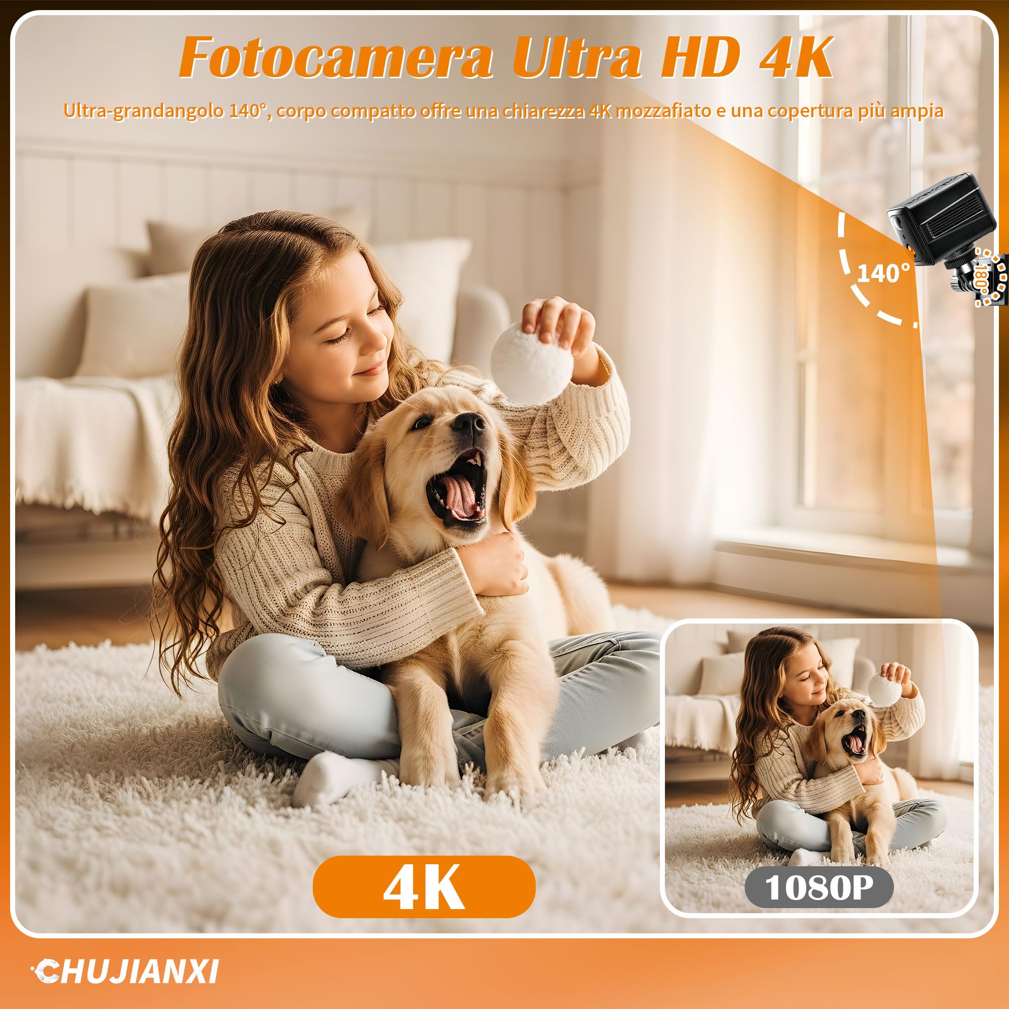 Mini Telecamera WiFi Interno 4K UHD, Telecamera Senza Fili per Casa | Mini Camera con Batteria da 3000mAh (60 Giorni in Modalità di Attesa), Microcamera Senza Fili Interna, Visione Notturna