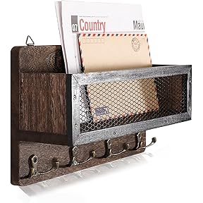OurWarm Key Holder for Wall, Wooden Key Rack Wall Shelf Mail Organizer with 5 Hooks for Entryway Bathroom Kitchen Mudroom Home Decor, Brown