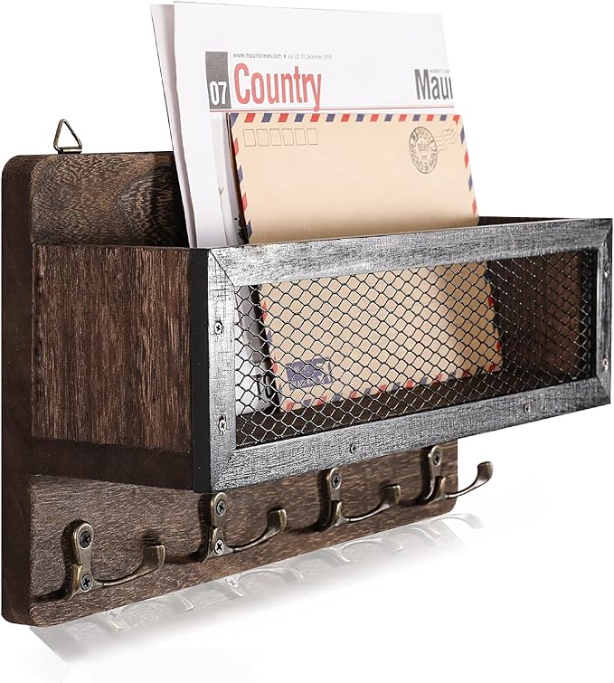 ADIIL Mail and Key Holder for Wall Decorative, Wooden Wall Mount Key Rack Hanger Organizer with 4 Double Key Hooks, Rustic Home Decor for Entryway Hallway, Brown