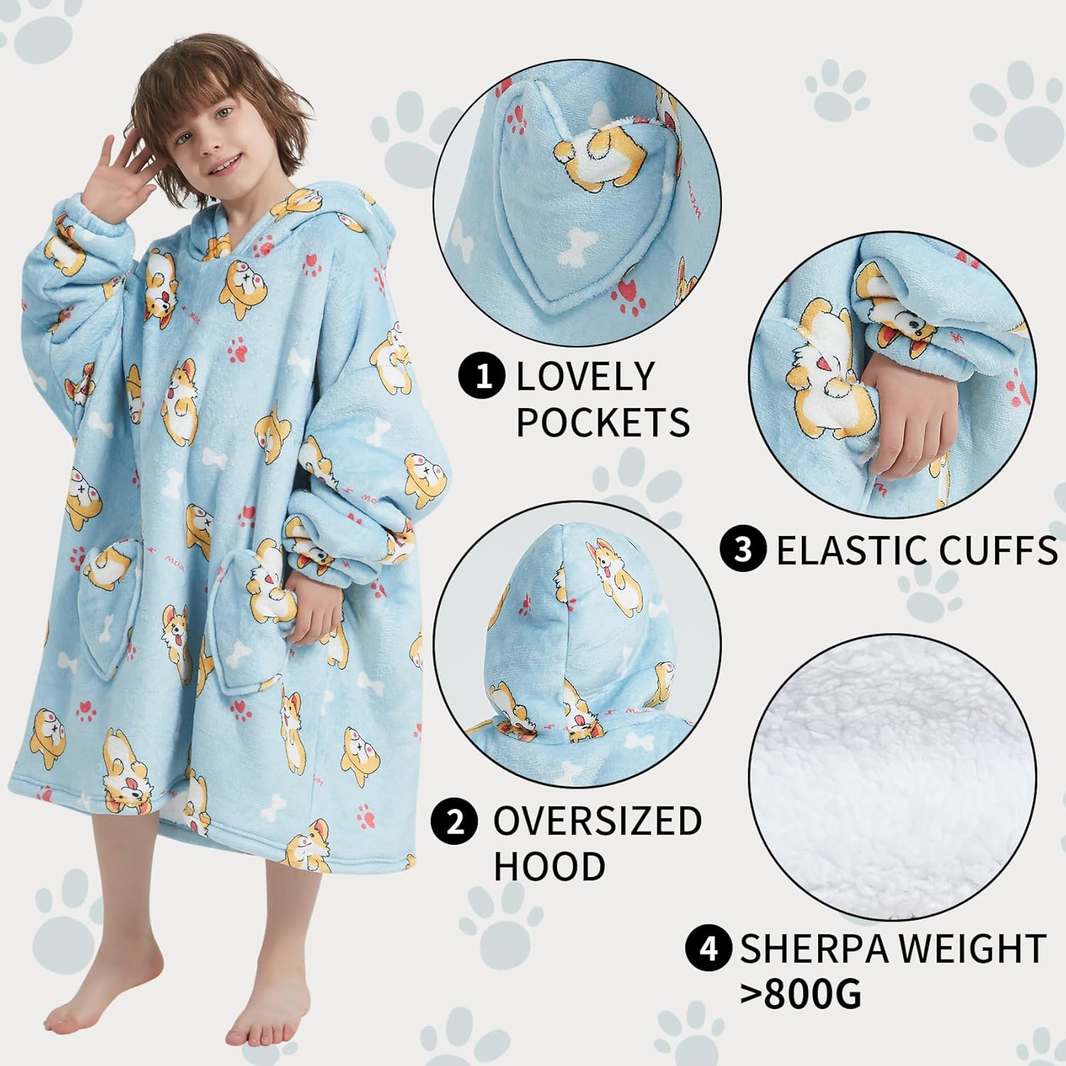Fiosnow Corgi Blanket Hoodies for Kids 6-13YR Oversize Wearable Blanket Hoodies for Boys Girls Teens - Image 3