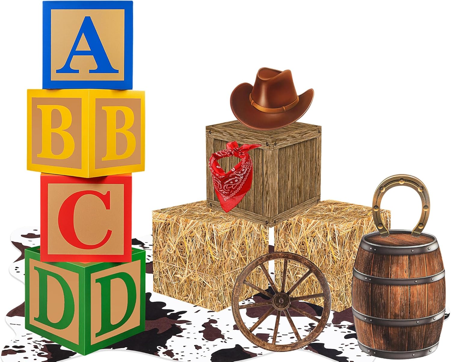 13 Pcs Western Cowboy Birthday Party Supplies Western Wooden Hay Bales Boxes Cowhide Rug Wine Barrel for Toy Inspired Themed Birthday Wild West Party Decor