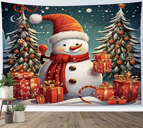 HVEST Tapiz navideño de muñeco de nieve para colgar en la pared, divertido muñeco de nieve con sombrero rojo de Navidad y tapiz de regalo, tapiz de