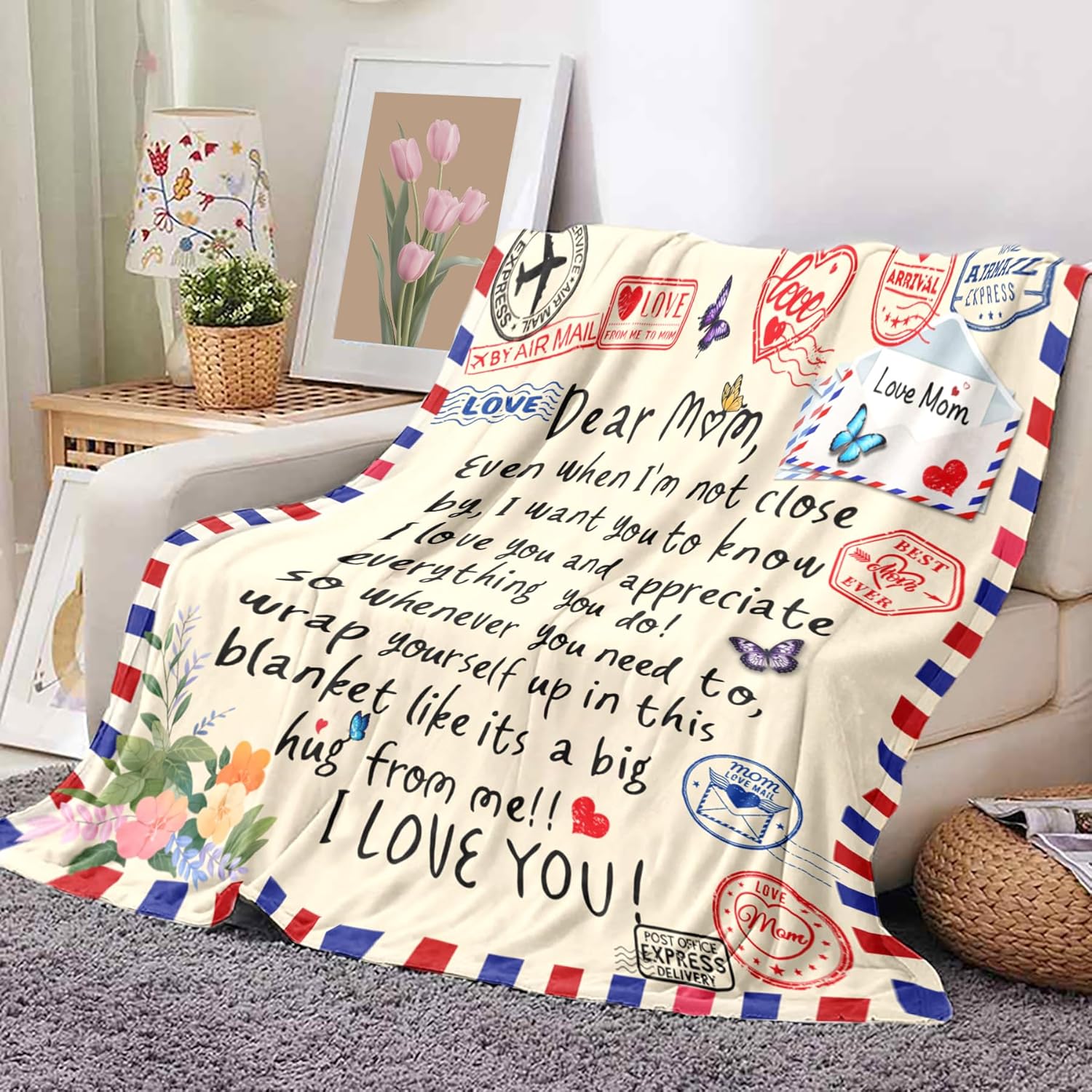 Throw Blankets Gifts for Mom from Daughter Son 52"x60",I Love You Mom Blanket Birthday Gifts for My Best Mother,A Letter Love Dear Mother to My Mom's Blanket Mothers Day Christmas Valentines Presents