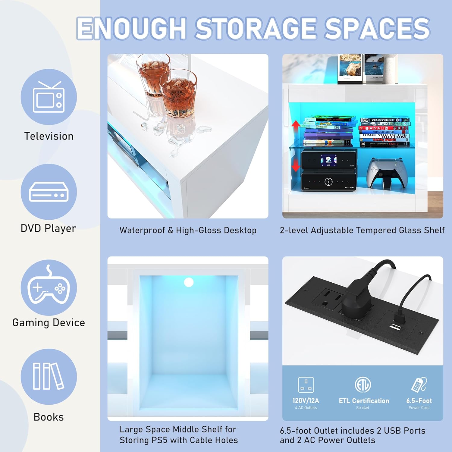 Vinctik 6&Fox LED TV Stands w/Power Outlet,60,00-Colors Lighting for 65 70in TV, 63" Modern High Gloss Entertainment Center,TV Console W/Adjustable Glass Shelves for Living Room Game Bedroom (White)