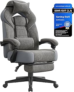 SONGMICS Gaming-Stuhl, Bürostuhl, Computerstuhl, ergonomisches Design, mit Fußstütze, verstellbares Kopfkissen, Lendenkissen, Tragkraft 150 kg, schiefergrau OBG077G01