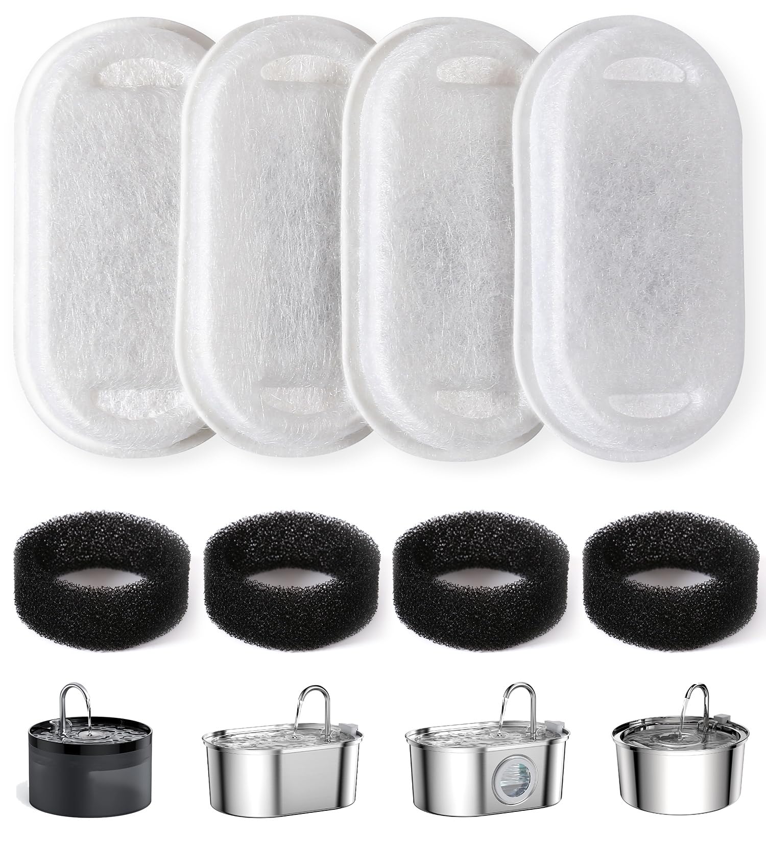 PewinGo 8 Filtris Originali Fontanella per Gatti, Filtri Fontanella Gatti, Filtri Fontanella Gatto, Distributore Acqua Gatti Filtro,4 Pezzi Tripla Filtrazione Filtros & 4 Pezzi Spugnas