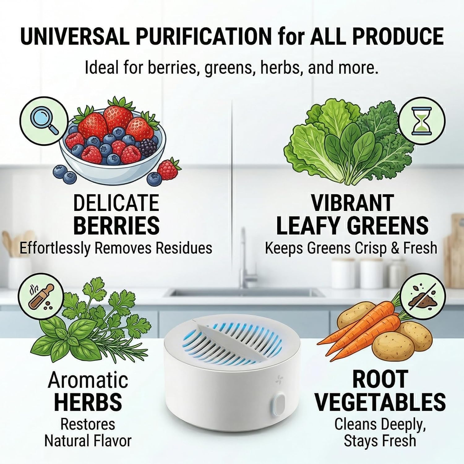 Produce Cleaner - Portable Fruit and Vegetable Washing Machine, OH-ion Food Purifier for Deep Cleaning Surface Residues, IPX7 Waterproof Cordless Device for Berries & Meat (1 Pcs)