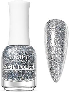 MIZHSE Quick Dry Glitter Silver Nail Polish, Classic Nail Polish Air Dry Fast, 15ml High Glossy Sparkly Shiny Shimmery Nail Art Salon Manicure Home