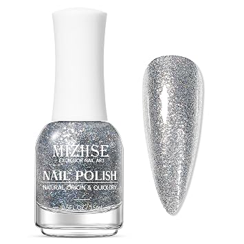 MIZHSE Quick Dry Glitter Silver Nail Polish High Glossy Sparkly Non Gel