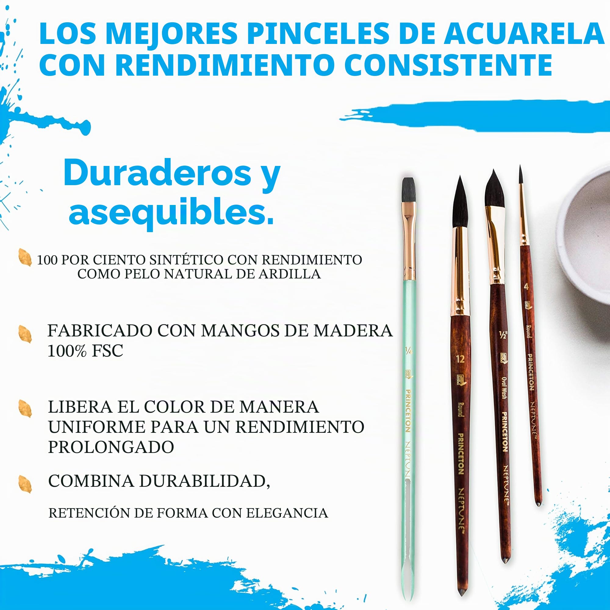 PRINCETON Neptune, Pinceles para acuarela de bellas artes, Ardilla sintética, Set de 4 pinceles, mango corto, Funda de plástico, 4 unidades
