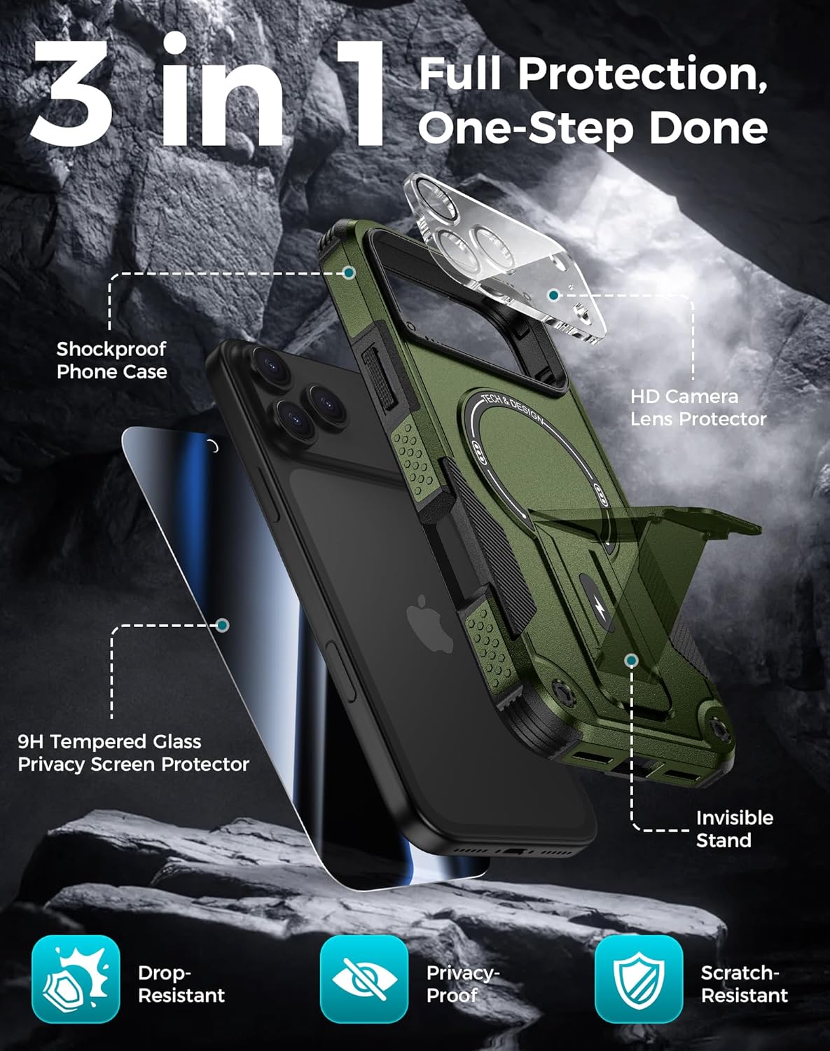 Goton for iPhone 17 Pro Case with Privacy Tempered Glass Screen Protector & Camera Lens Protector, Compatible with MagSafe, Invisible Kickstand, Shockproof Phone Cover, Green - Image 3