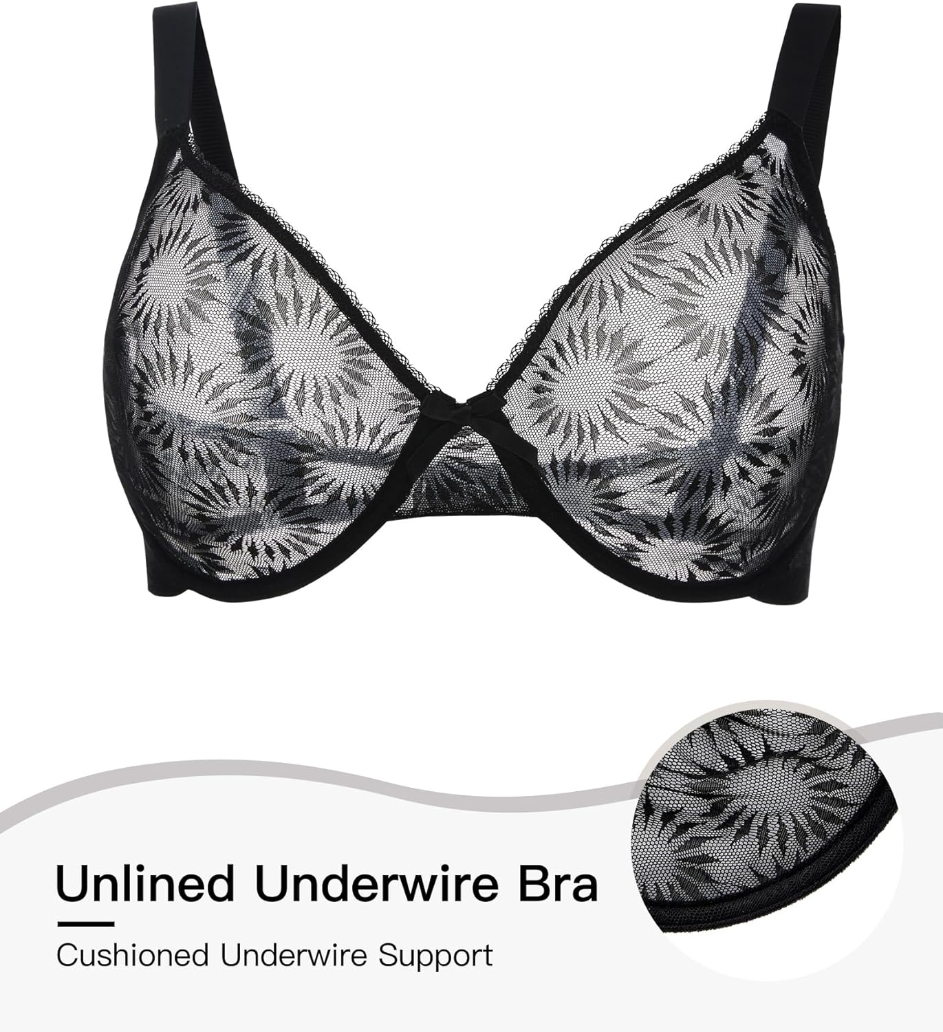 Women's See Through Sexy Sheer Bra Unlined Underwire Full Coverage Support Mesh Bras (36DDD, Black) - Image 3
